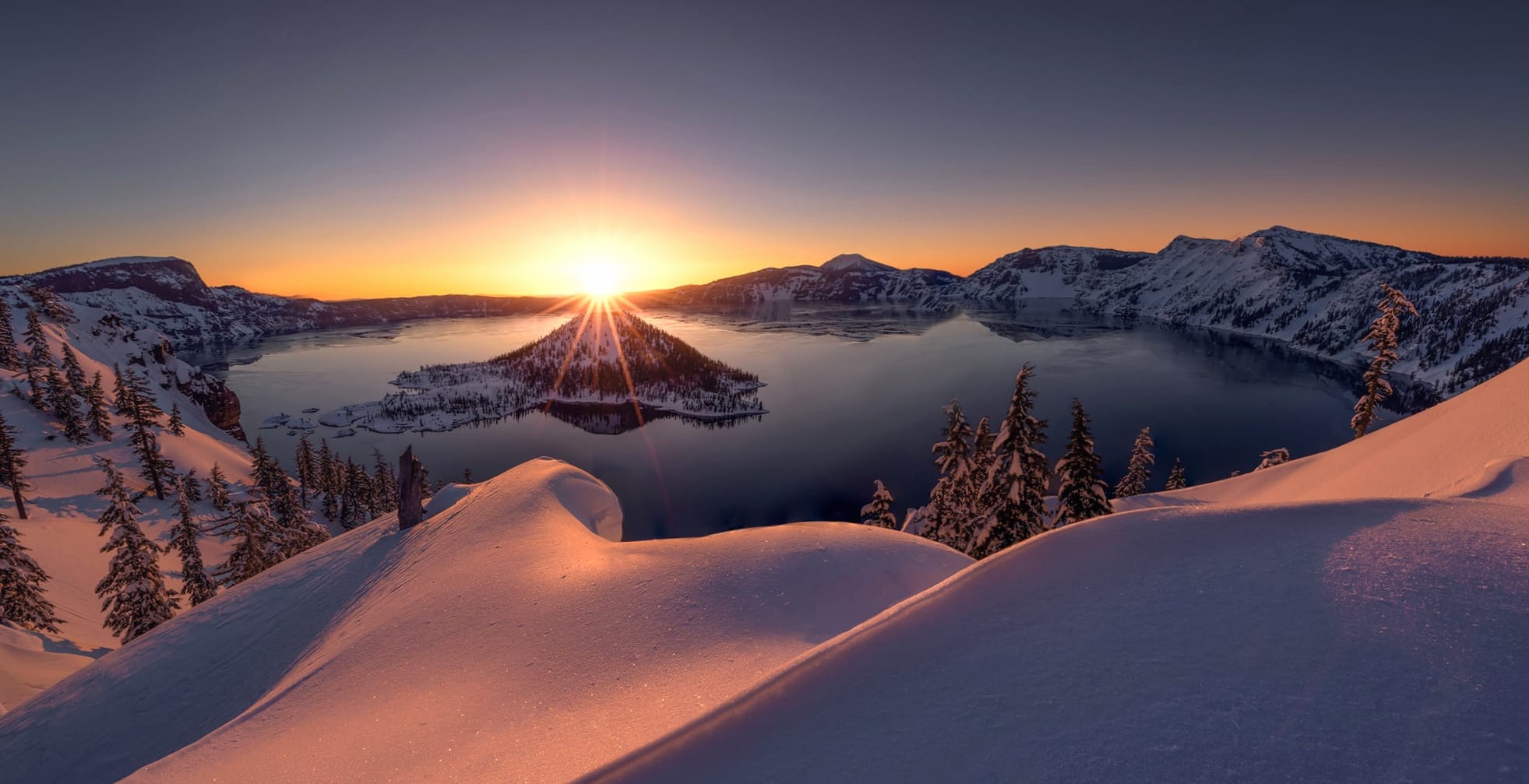 Crater Lake Winter Sunrise at 320 x 480 iPhone size wallpapers HD quality