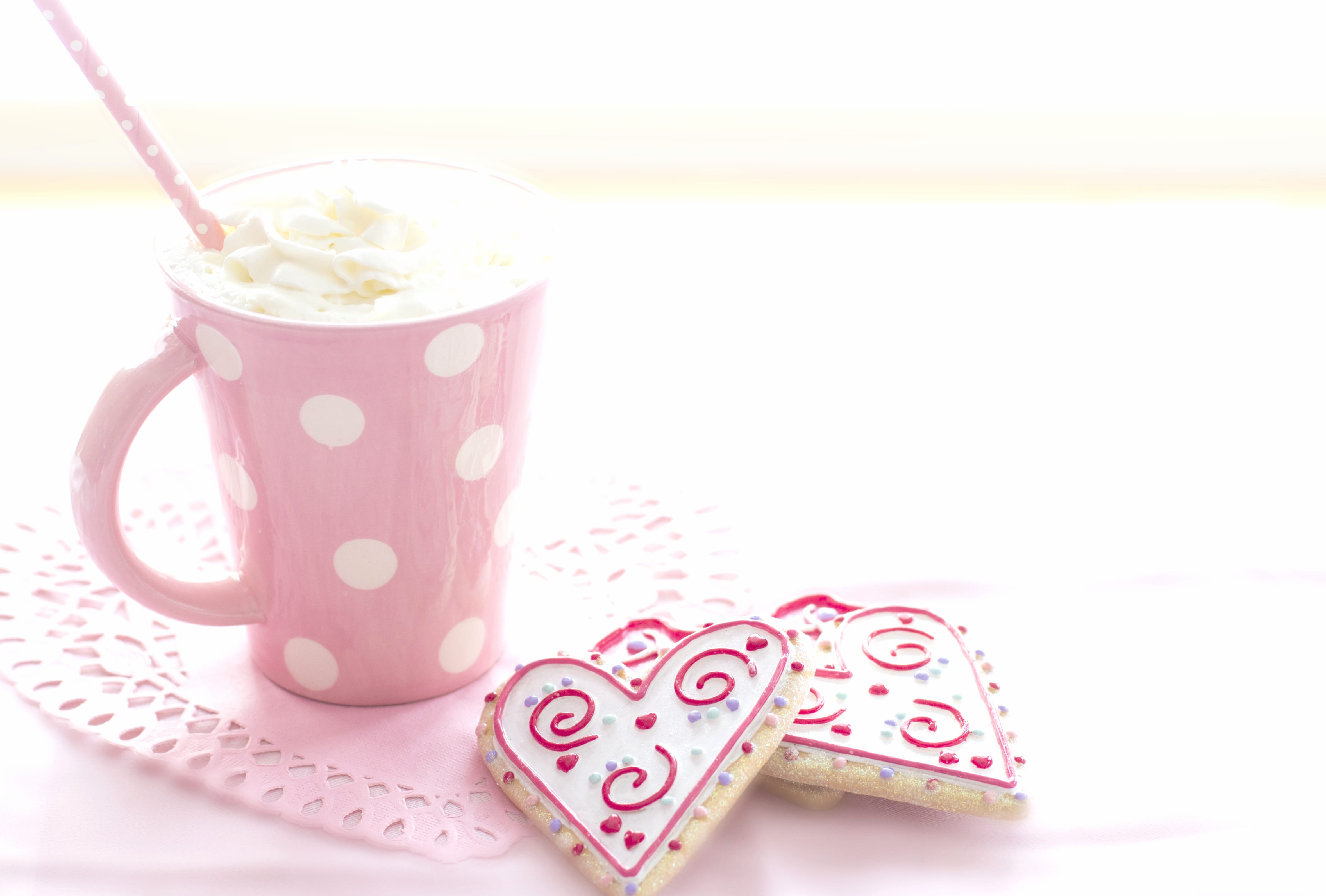 Cream Pink Heart-shaped Cookie Drink Food Hot Chocolate wallpapers HD quality