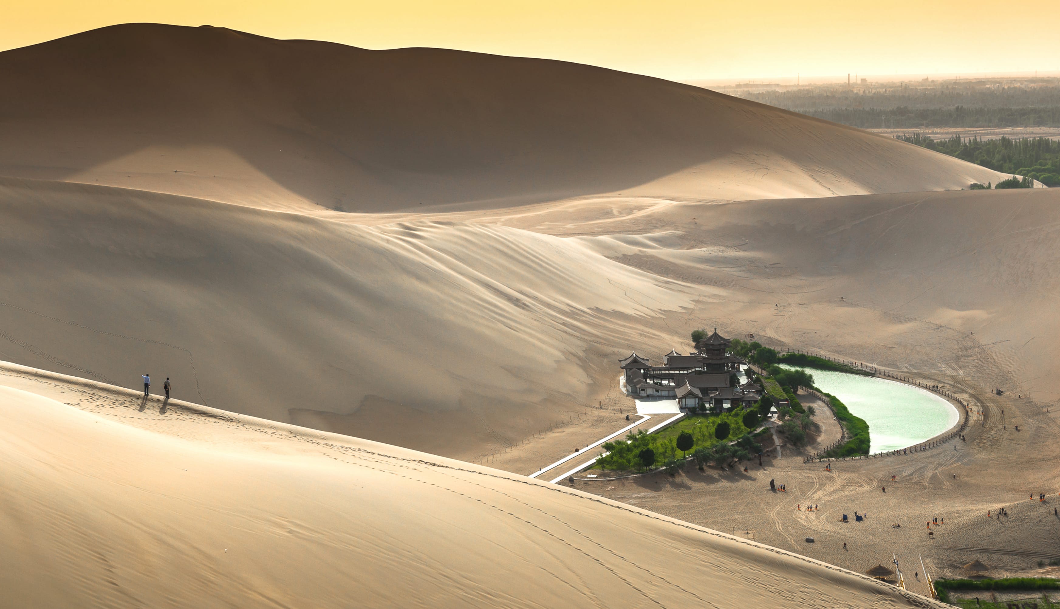 Crescent Lake Pagoda Gobi Desert Nature Desert wallpapers HD quality