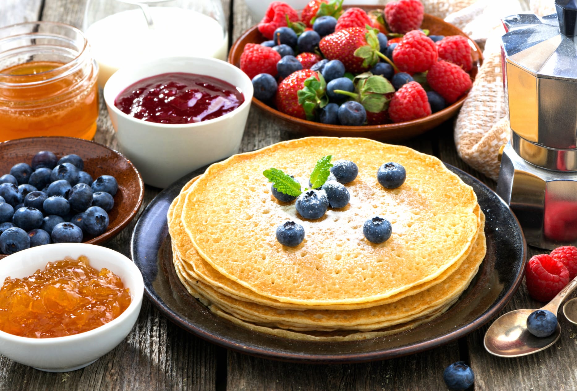 Crêpe Jam Strawberry Raspberry Blueberry Berry Pancake Food Breakfast at 750 x 1334 iPhone 6 size wallpapers HD quality