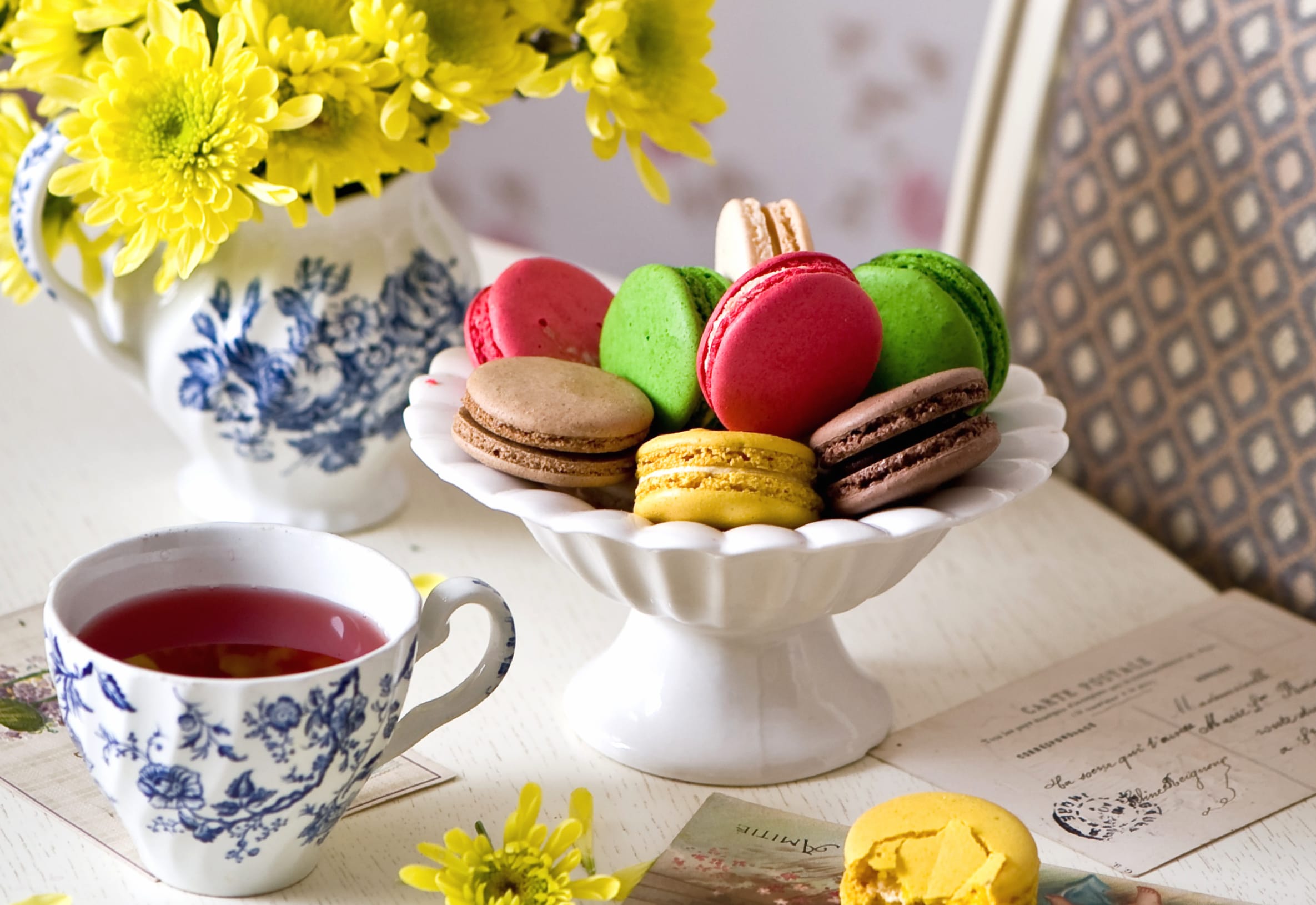 Cup Still Life Tea Sweets Food Macaron wallpapers HD quality