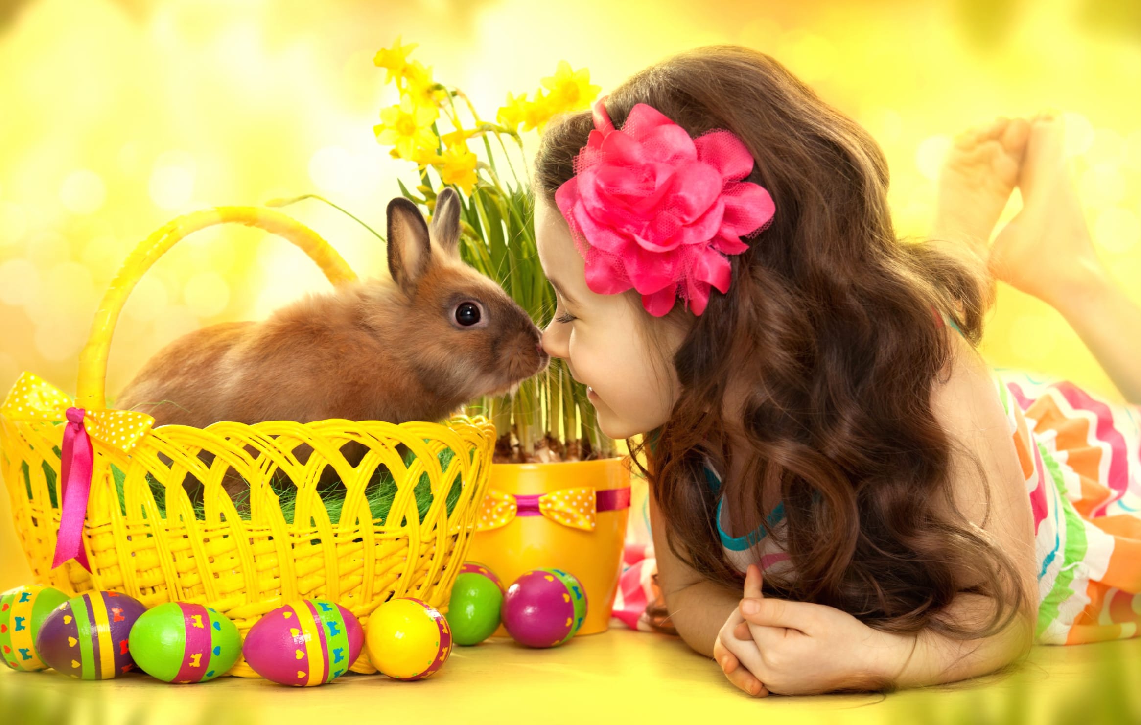 Cute Flower Easter Egg Basket Bunny Little Girl Holiday Easter at 2048 x 2048 iPad size wallpapers HD quality