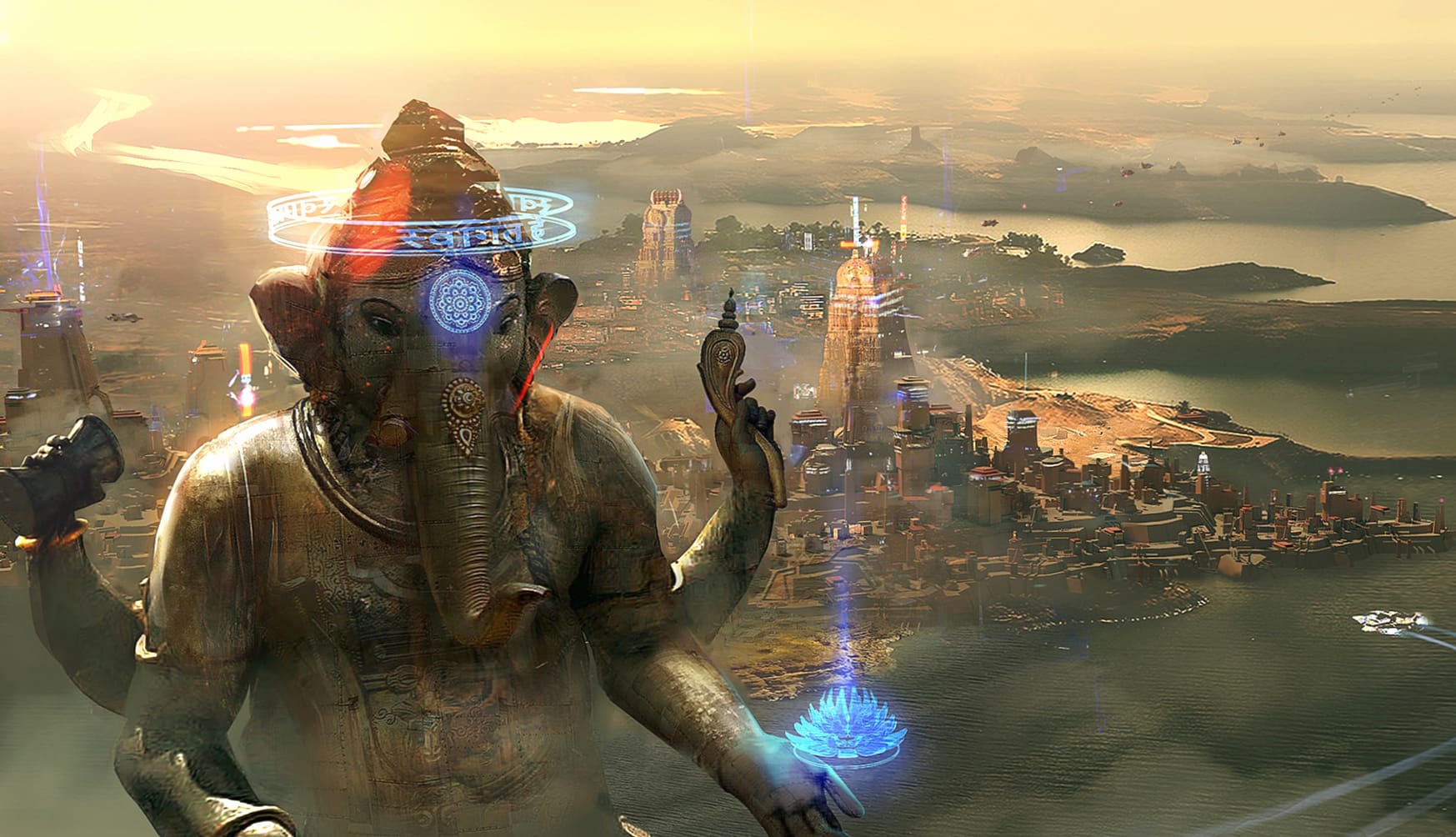 Cyberpunk Ganesh in Futuristic City - wallpapers HD quality