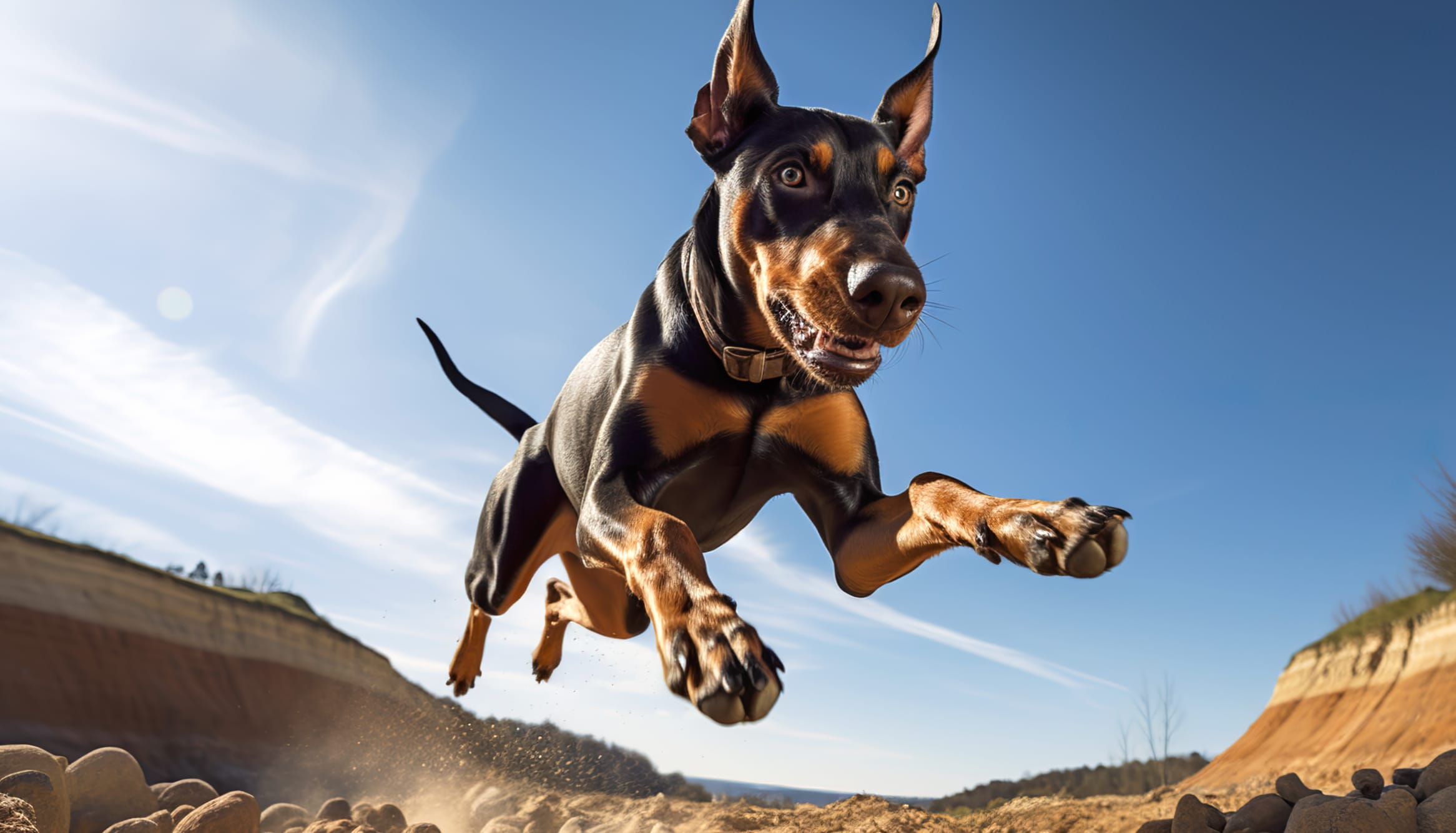 Doberman Pinscher Jumping Wallpaper at 640 x 960 iPhone 4 size wallpapers HD quality