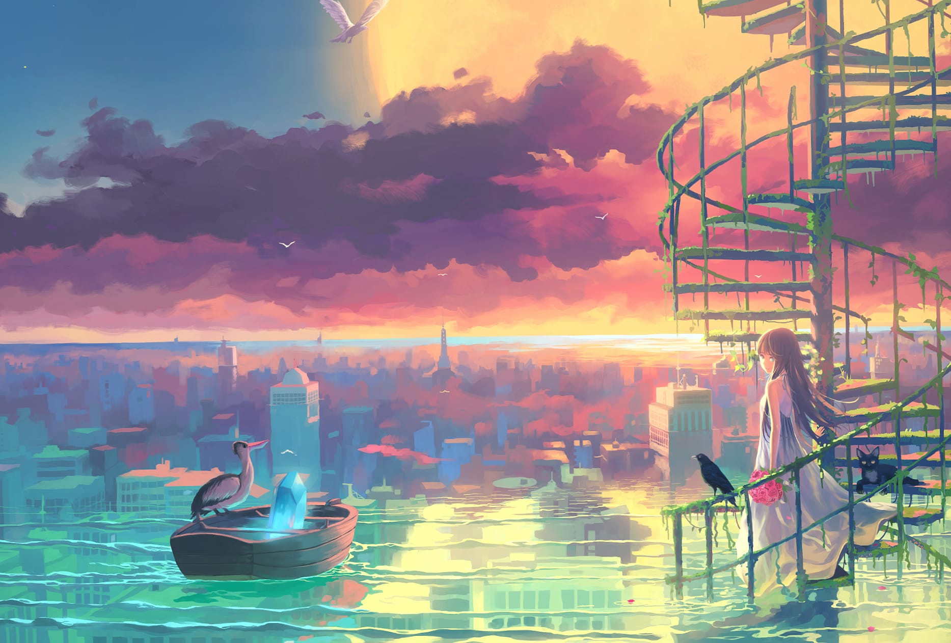 Dreamy Spiral Cityscape - HD Anime Wallpaper at 1152 x 864 size wallpapers HD quality