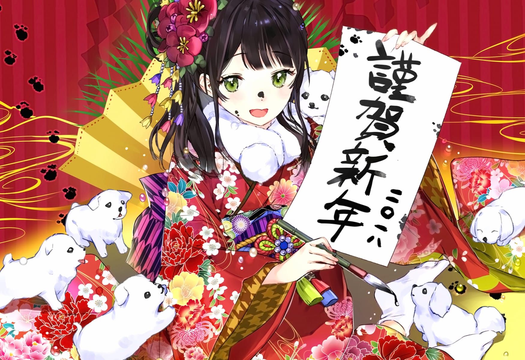 Elegant Anime in Japanese Attire with Puppies - at 1024 x 1024 iPad size wallpapers HD quality