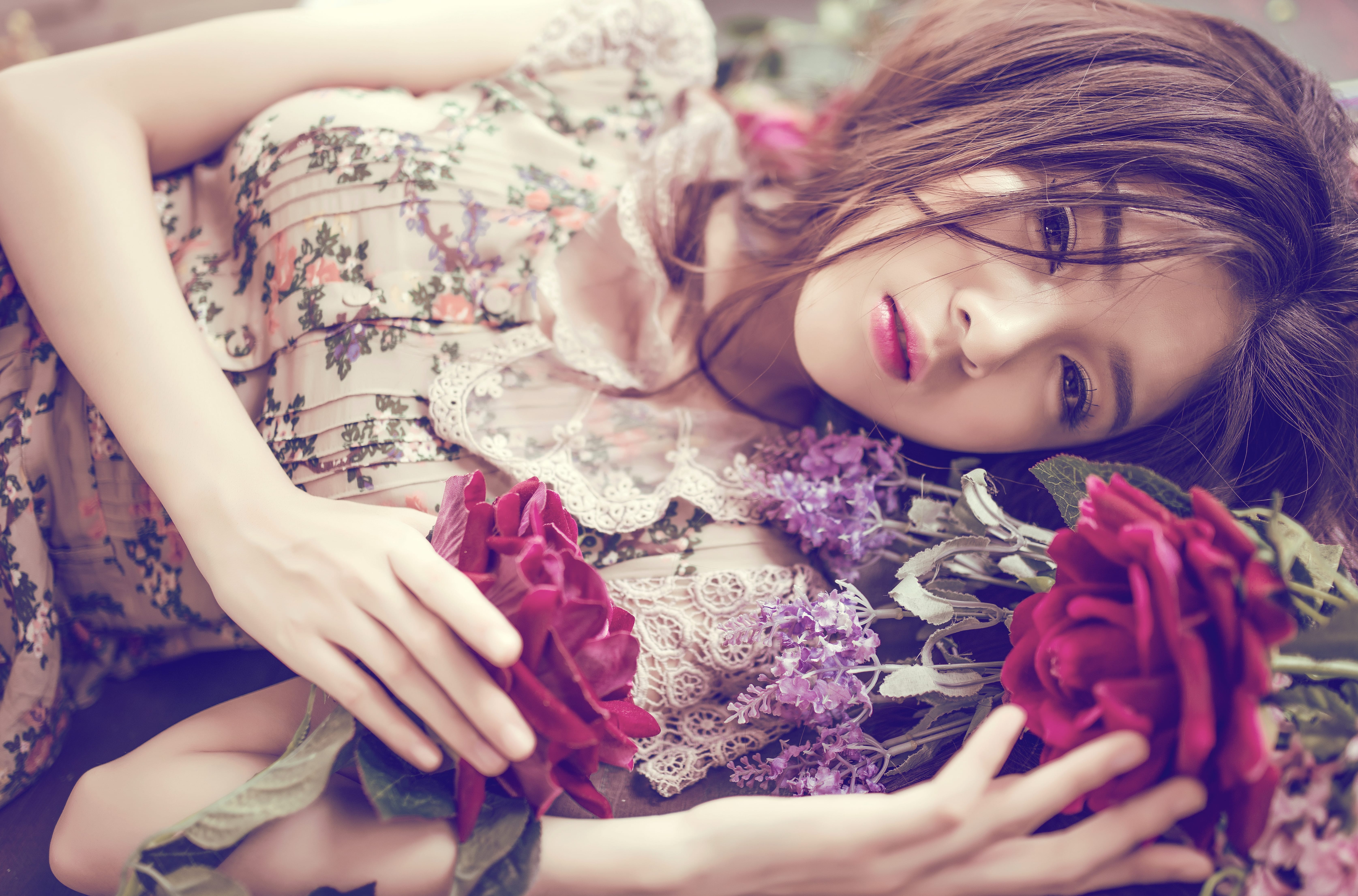 Elegant Asian Model with Flowers - at 750 x 1334 iPhone 6 size wallpapers HD quality