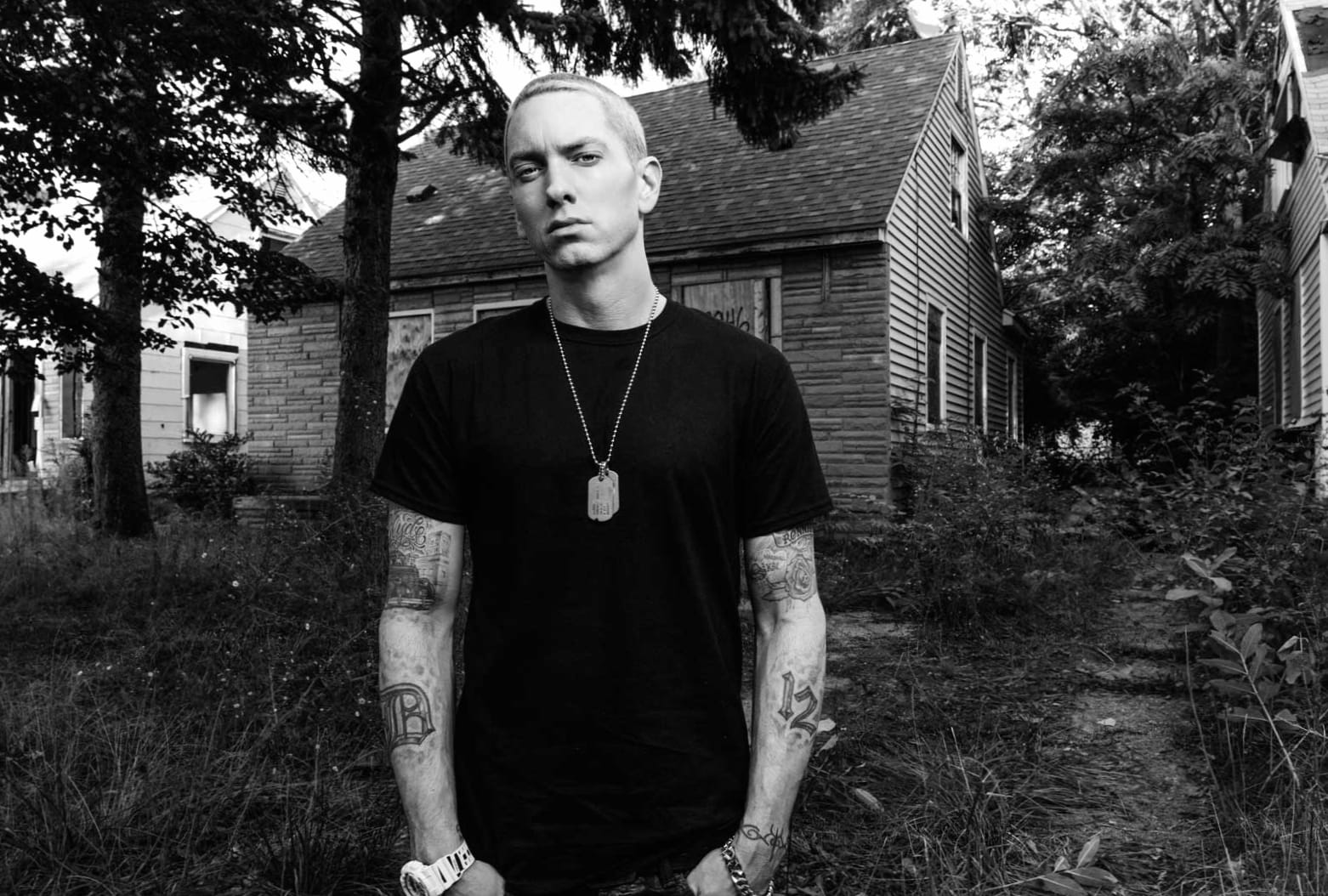 Eminem A Bold Music Icon in Black and White at 2048 x 2048 iPad size wallpapers HD quality