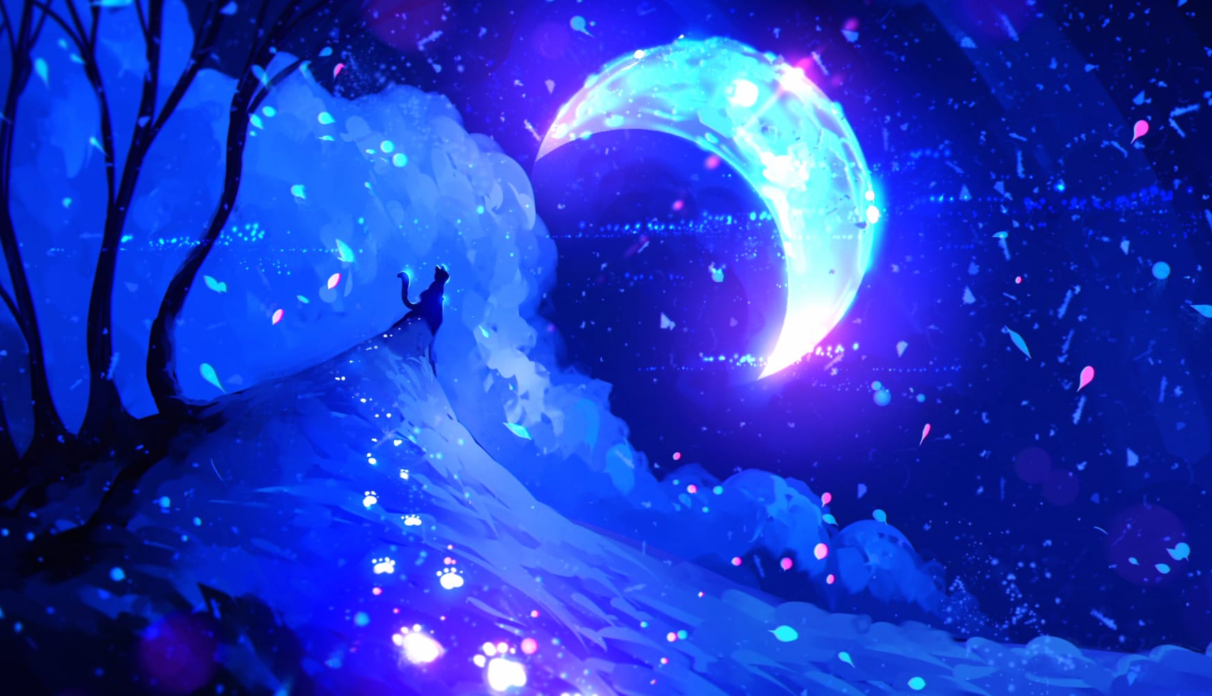 Enchanted Night Anime Cat and Moon - at 1024 x 1024 iPad size wallpapers HD quality