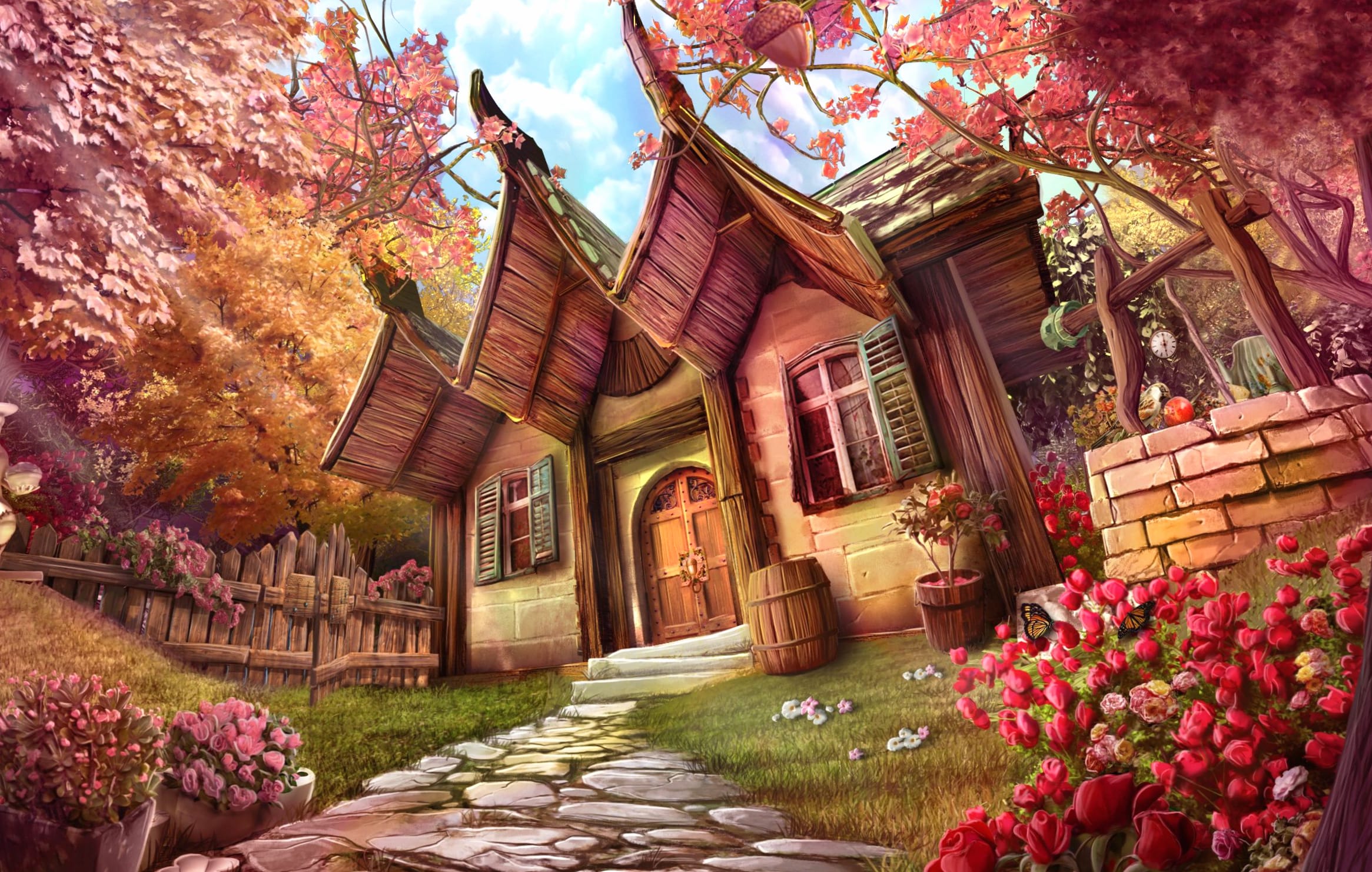 Enchanted Pathway A of Fantasy Flowers and a Charming House wallpapers HD quality