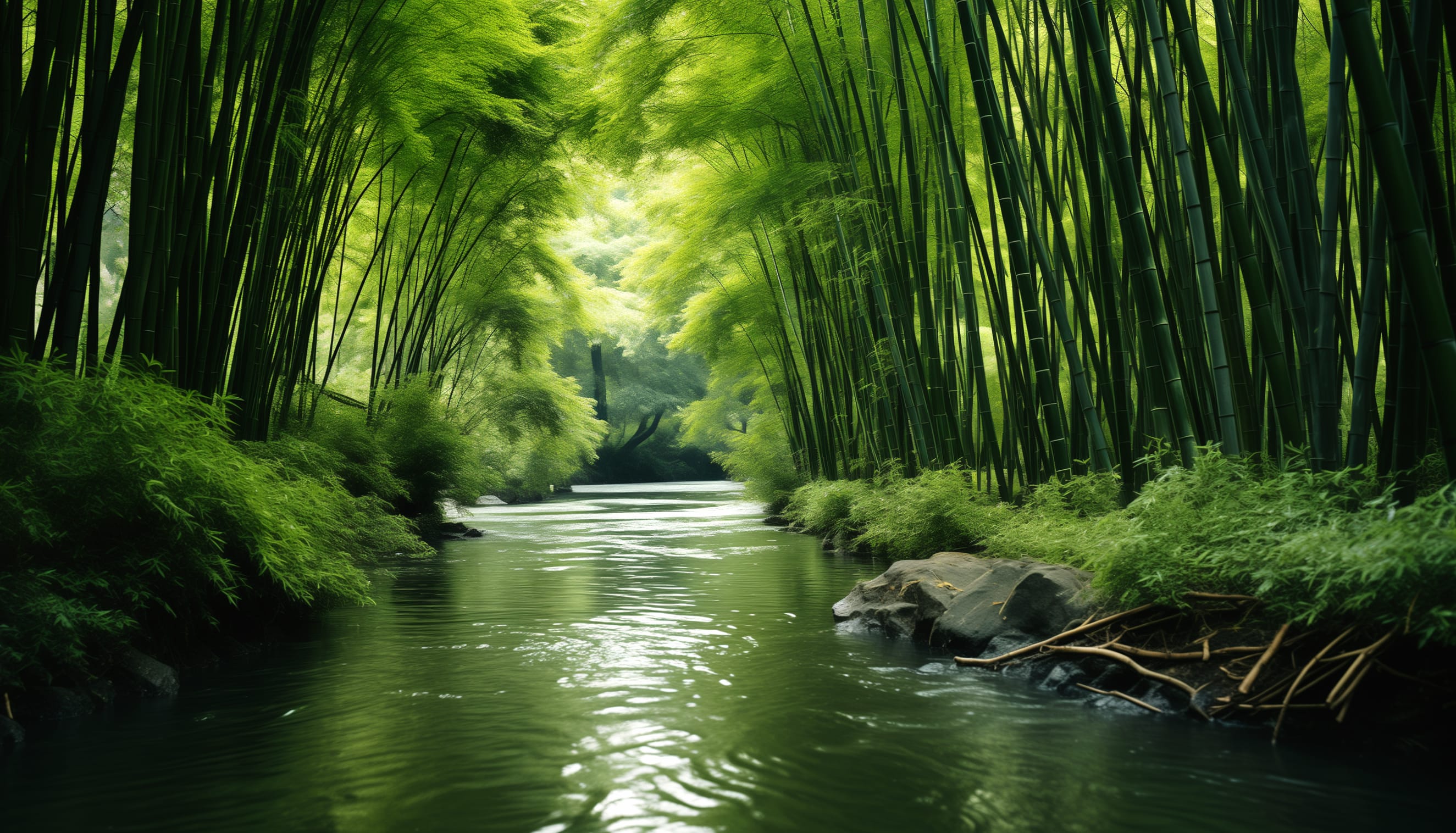 Enchanting Bamboo Forest River at 2048 x 2048 iPad size wallpapers HD quality