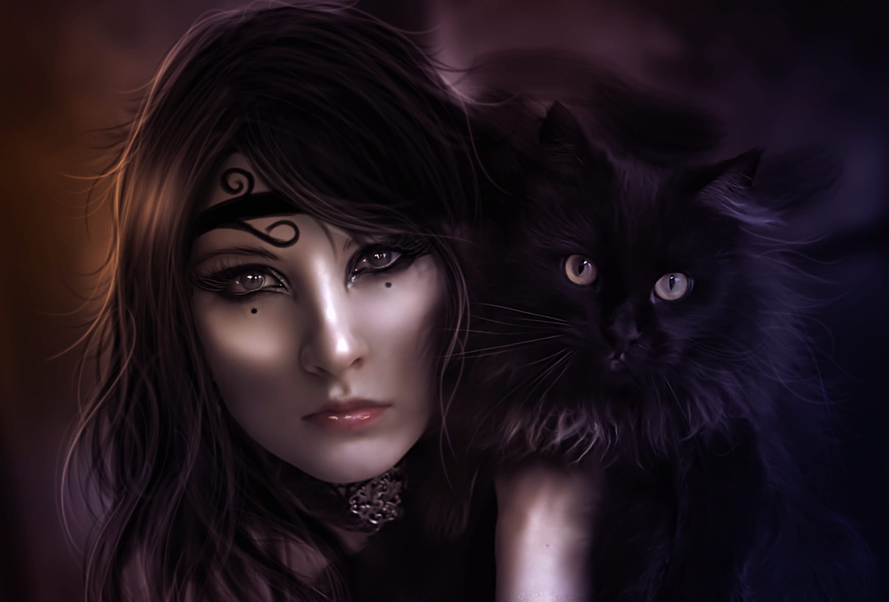 Face Witch Black Cat Fantasy Dark at 1152 x 864 size wallpapers HD quality