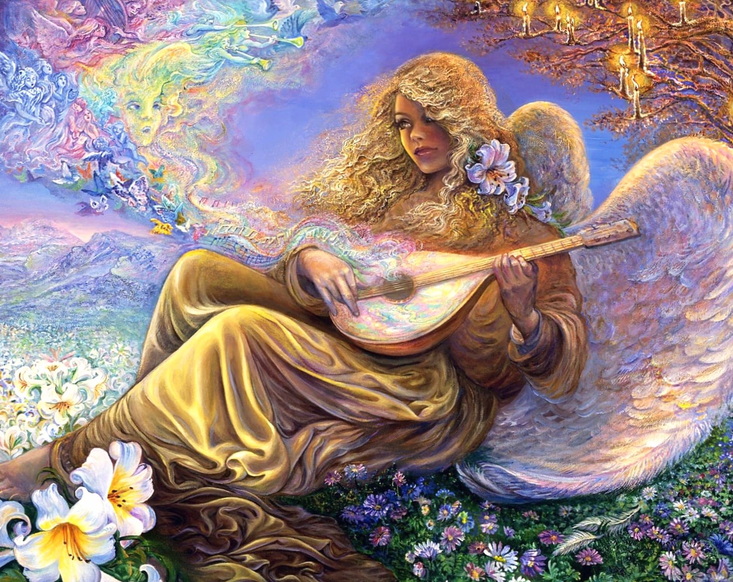 Fantasy Angel with Lute A Stunning of Wings and Flowers at 1920 x 1080 HD size wallpapers HD quality