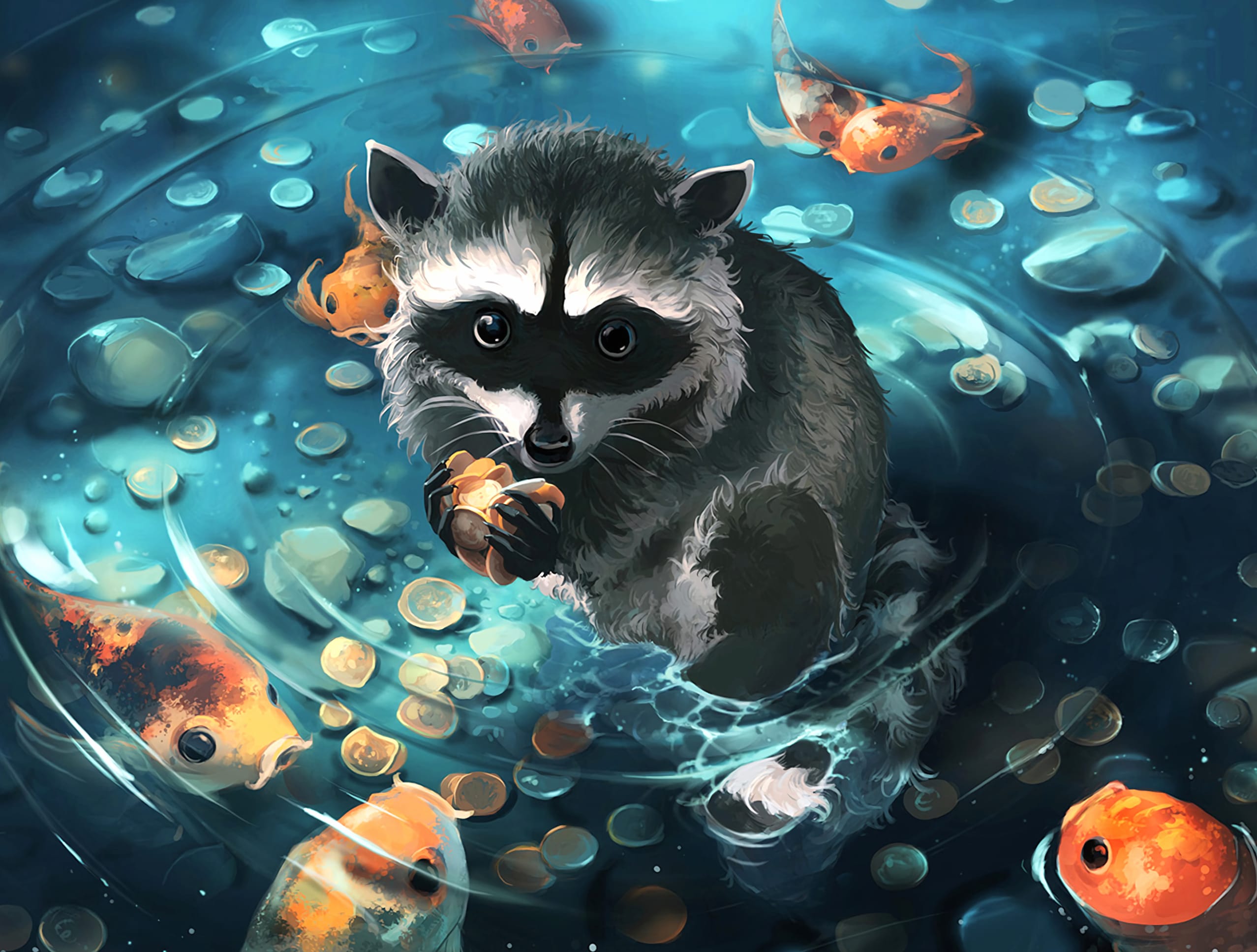 Fantasy Raccoon and Fish Coin Pond wallpapers HD quality