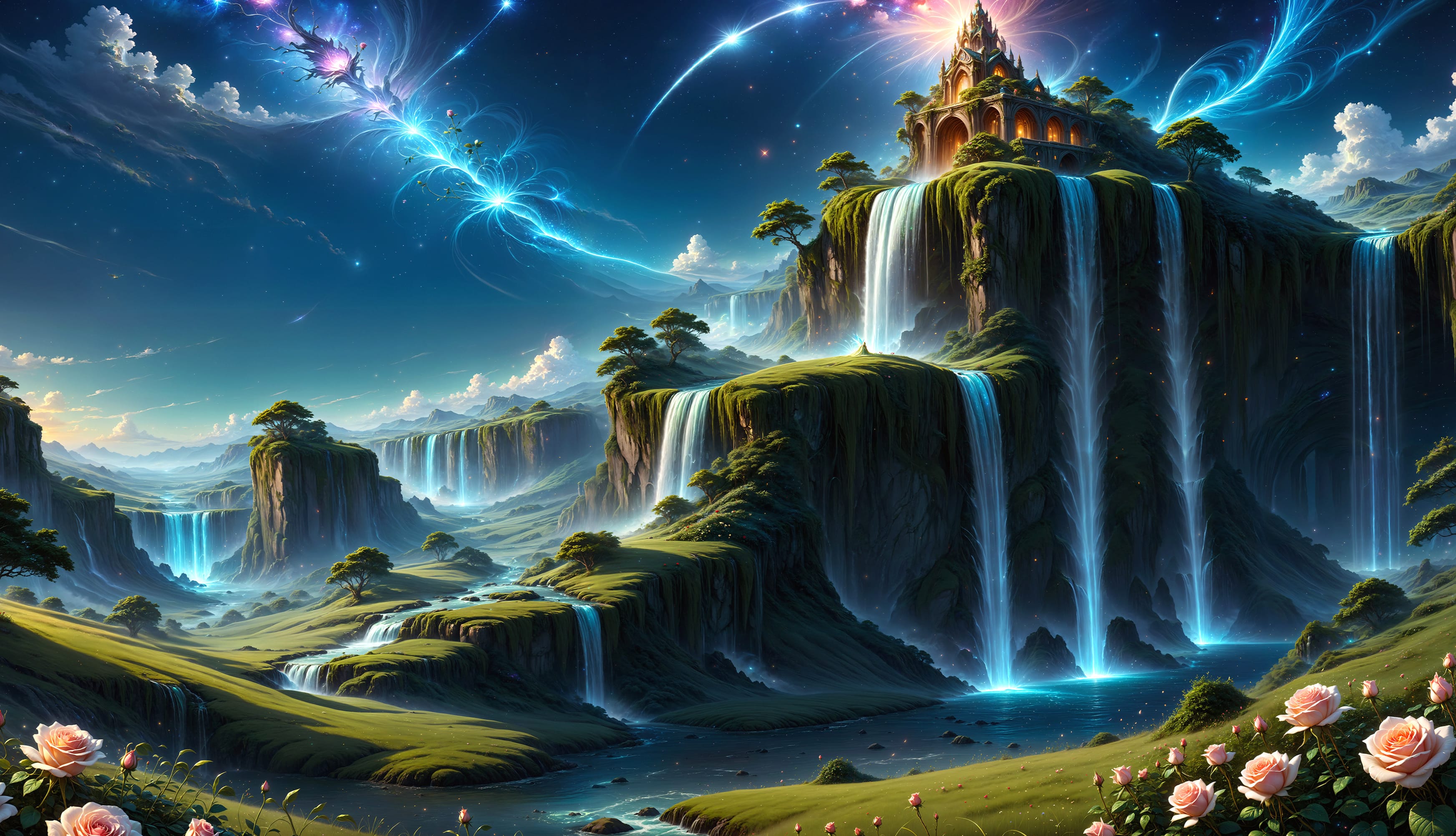 Fantasy Waterfall Nature Landscape Castle wallpapers HD quality