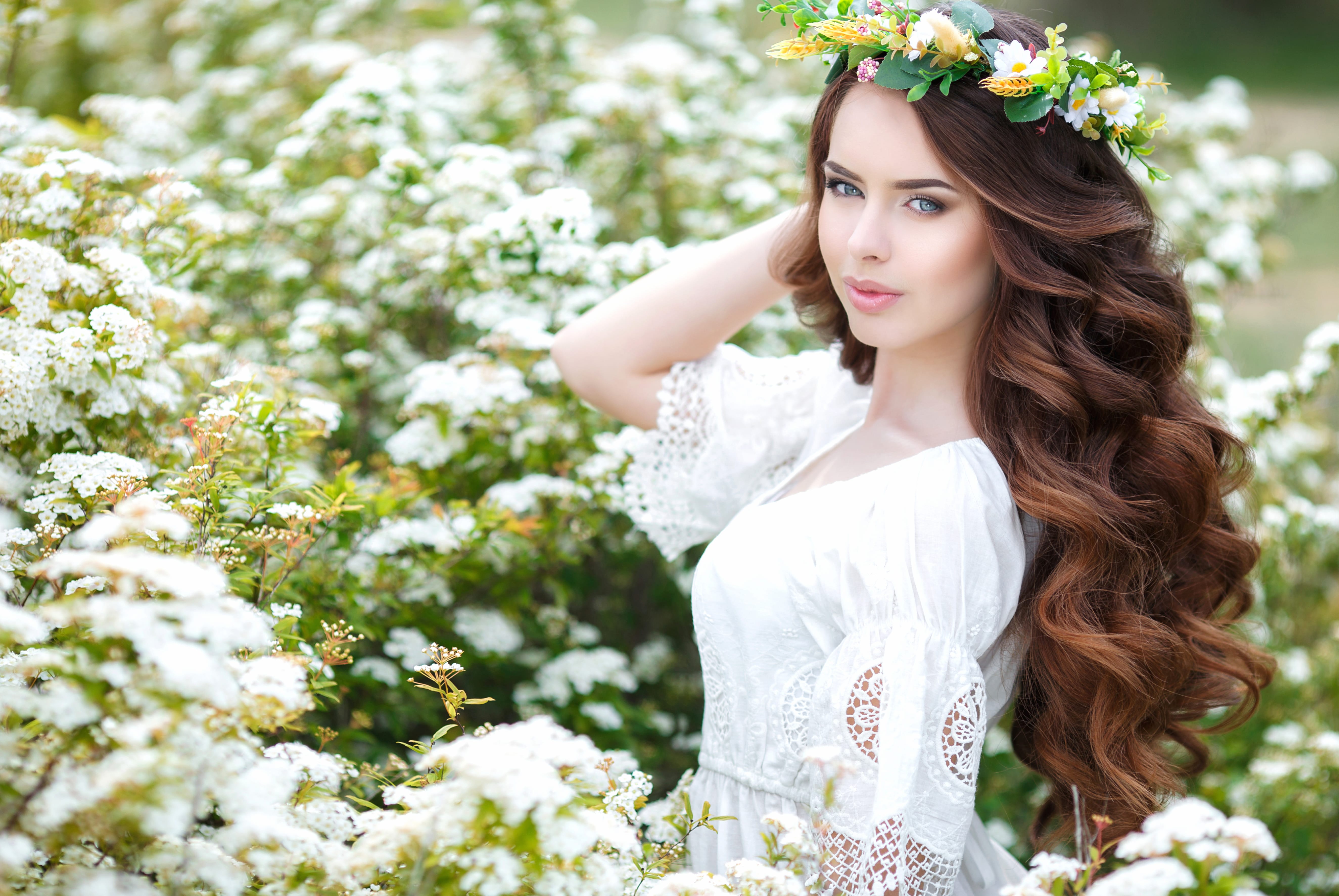 Floral Elegance in 4K Brunette with Blue Eyes wallpapers HD quality