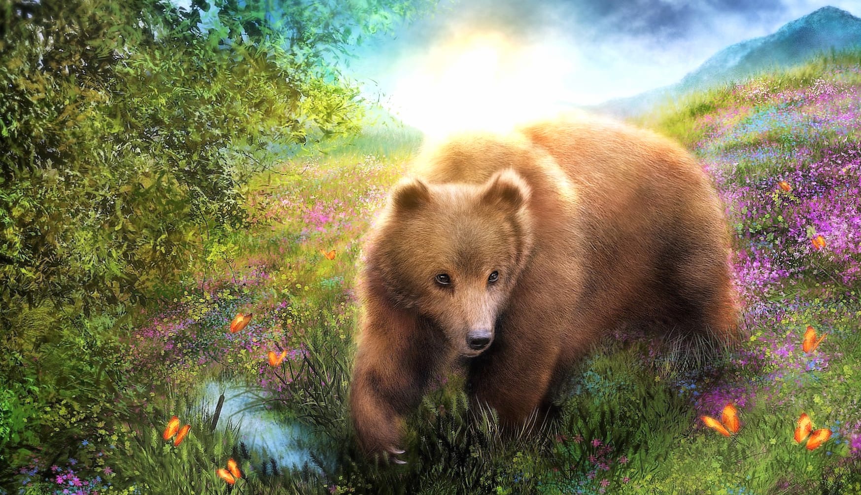 Flower Bear Field Spring Artistic Painting wallpapers HD quality