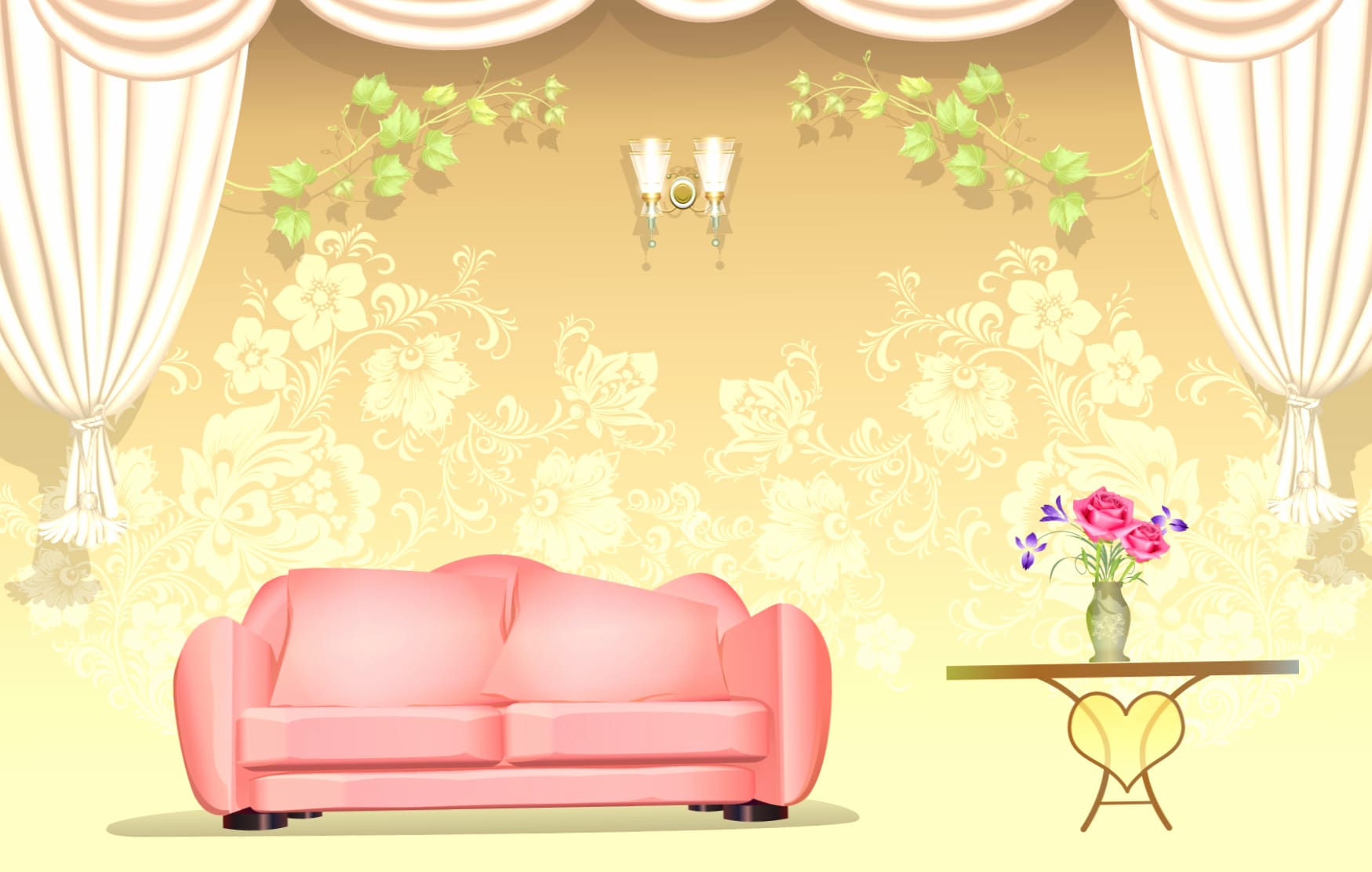 Flower Curtain Pink Couch Artistic Room wallpapers HD quality