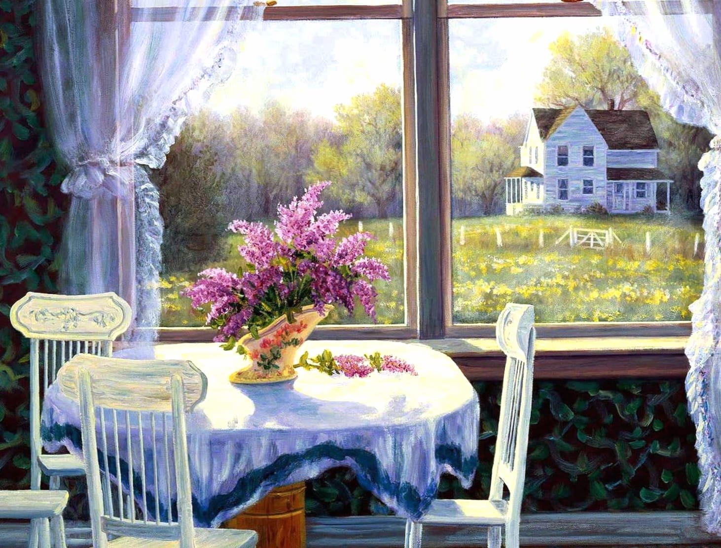 Flower Curtain Window Kitchen Artistic Painting Wallpaper wallpapers HD quality