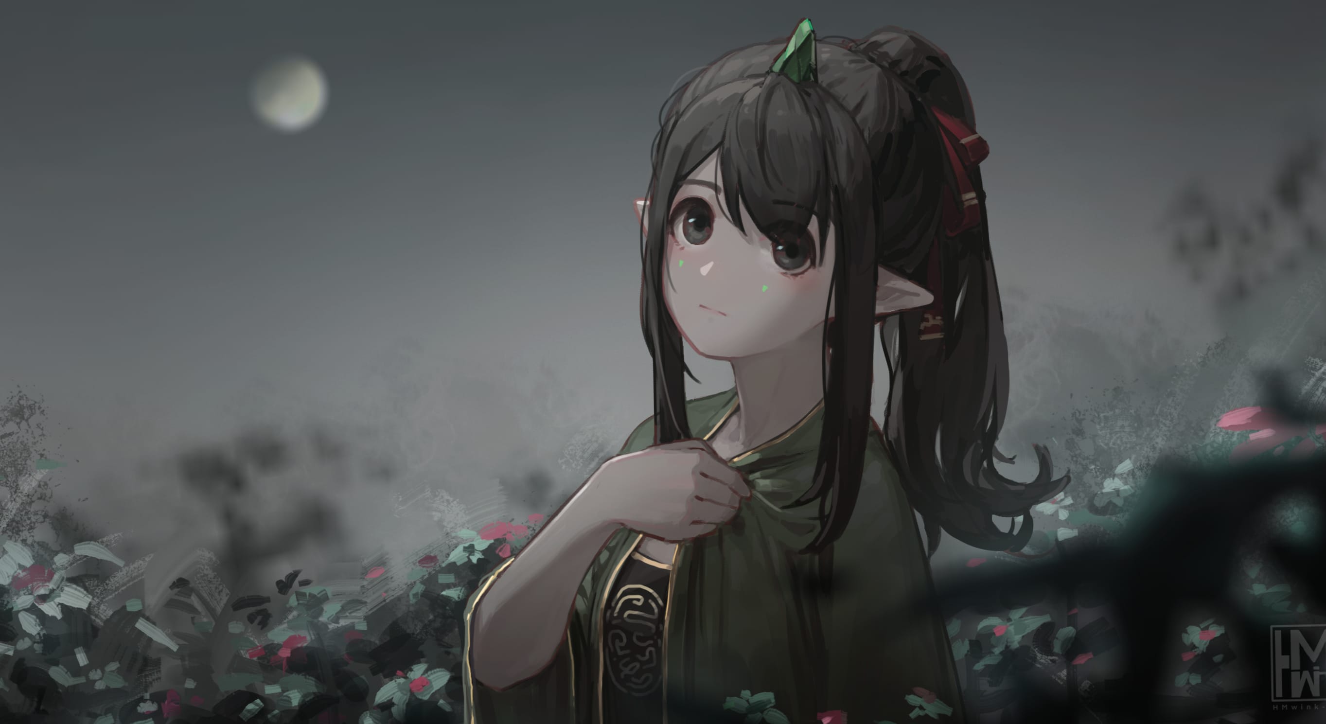 Flower Moon Night Anime Girl Anime Girl wallpapers HD quality