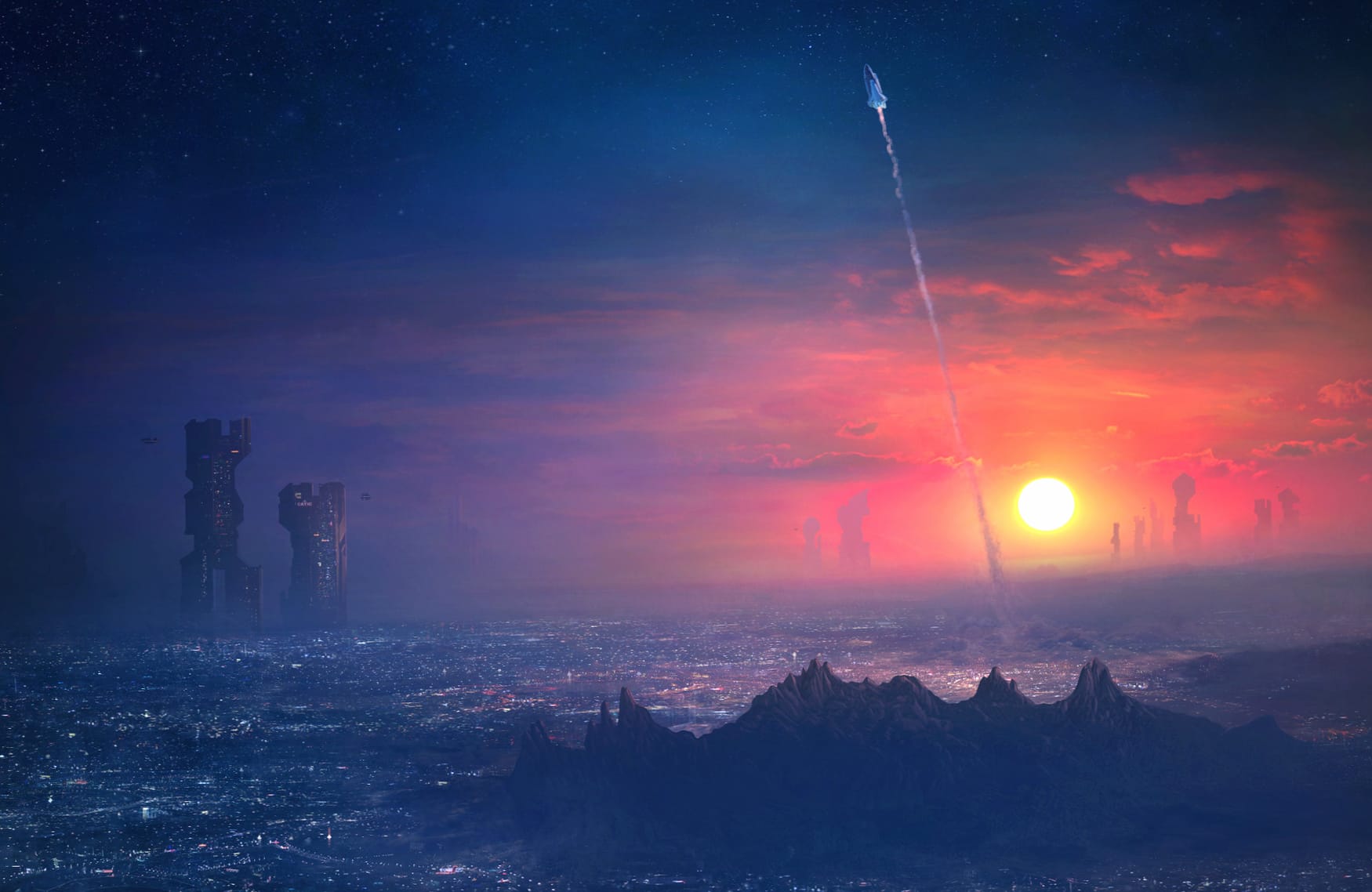 Futuristic Cityscape at Sunset - HD Sci-Fi Wallpaper at 1366 x 768 HD size wallpapers HD quality