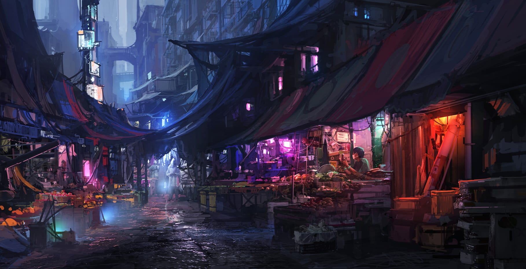 Futuristic Cyberpunk Night Market - wallpapers HD quality