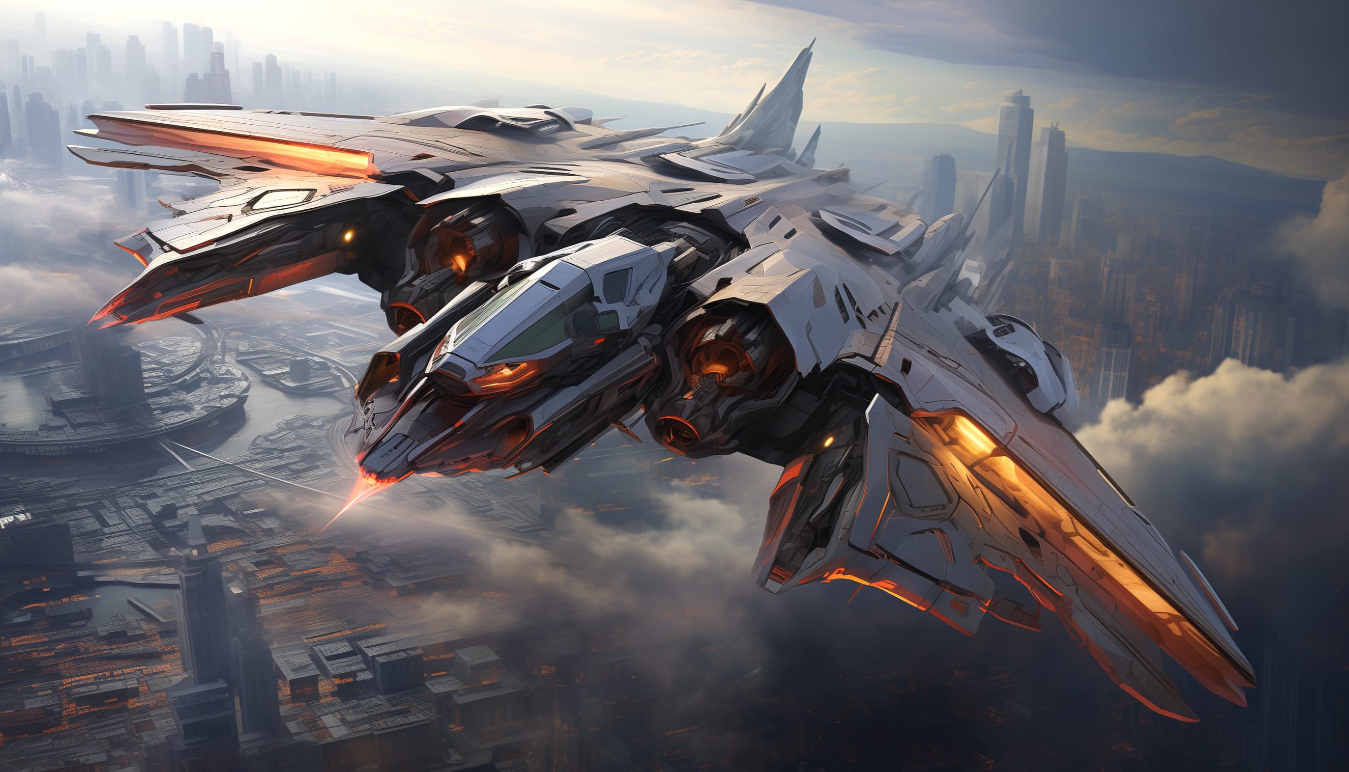 Futuristic Jet Aircraft Over Cityscape at 2560 x 1440 HD size wallpapers HD quality