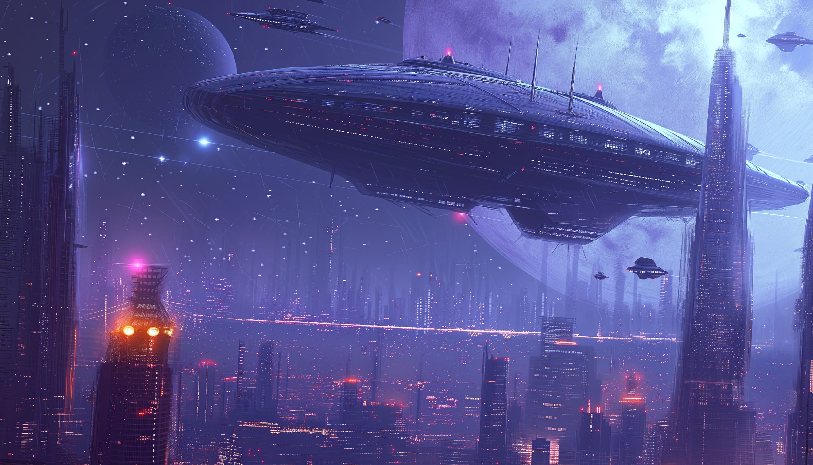 Futuristic Sci-Fi Cityscape with Spaceship wallpapers HD quality