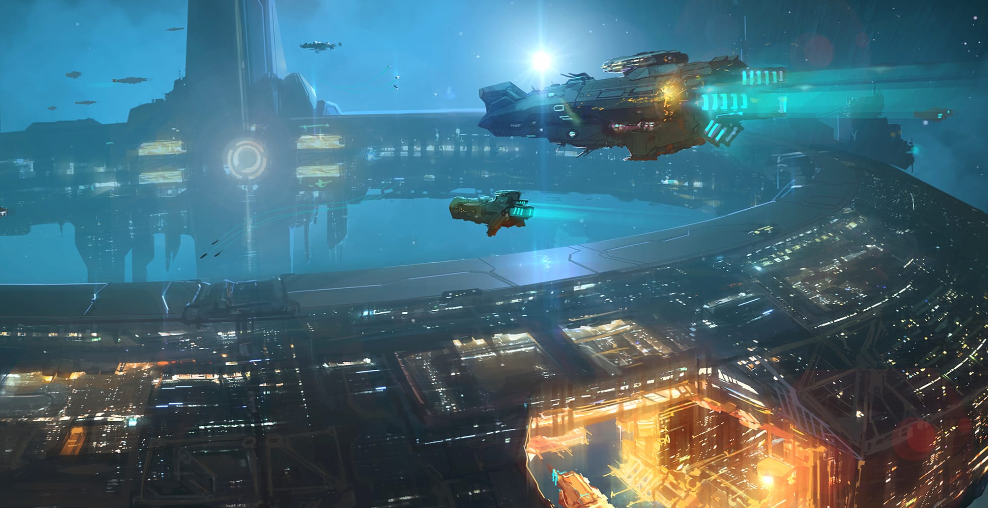 Futuristic Sci-Fi Spaceship & Station at 1920 x 1080 HD size wallpapers HD quality