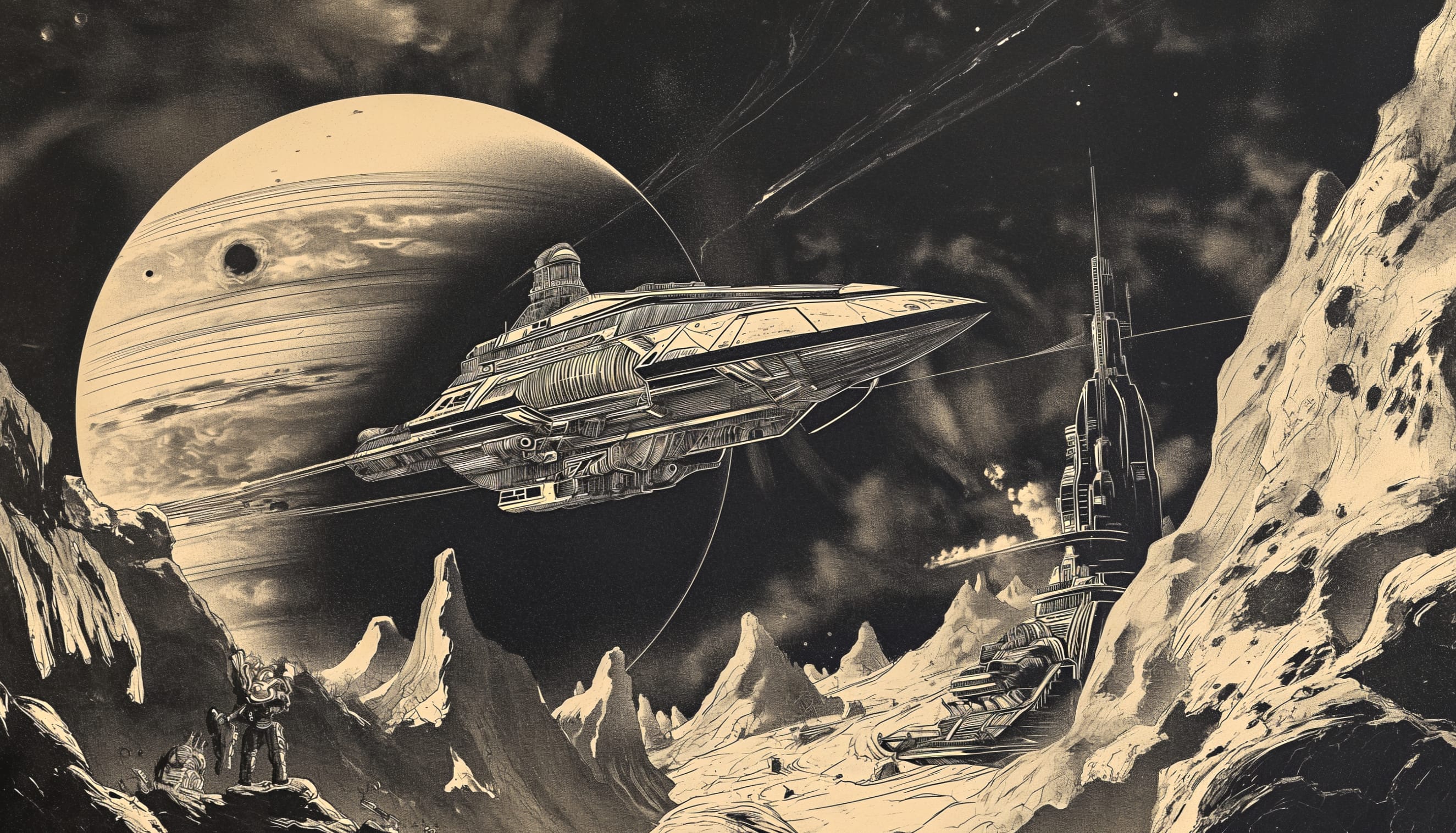 Futuristic Sci-Fi Spaceship Voyage - Black & White wallpapers HD quality