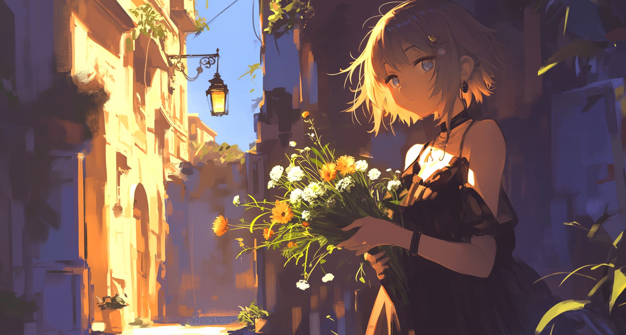 Girl Flower Black Dress Alley Anime Anime Girl wallpapers HD quality