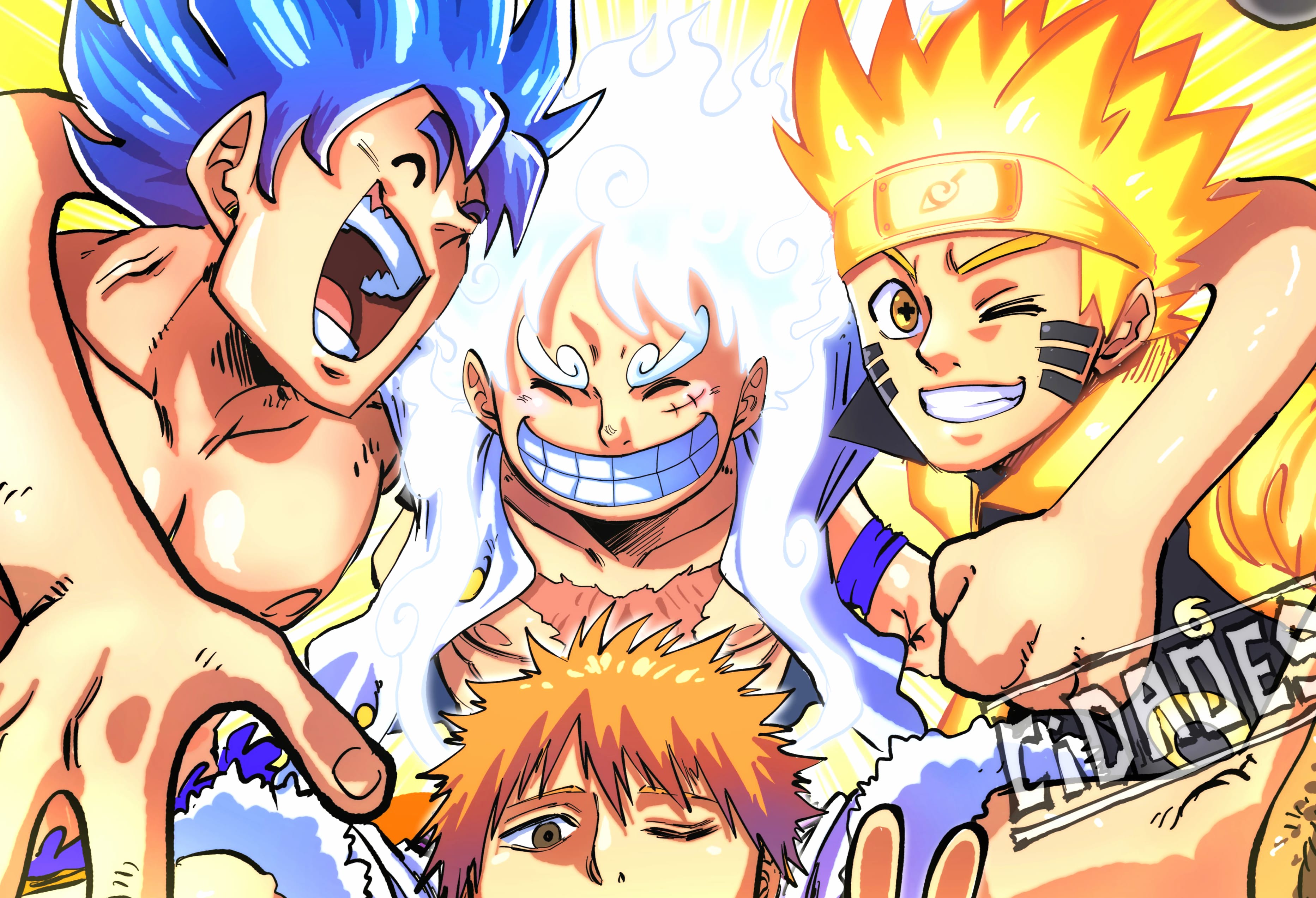 Goku Monkey D. Luffy Gear 5 (One Piece) Naruto Uzumaki Ichigo Kurosaki Anime Crossover wallpapers HD quality