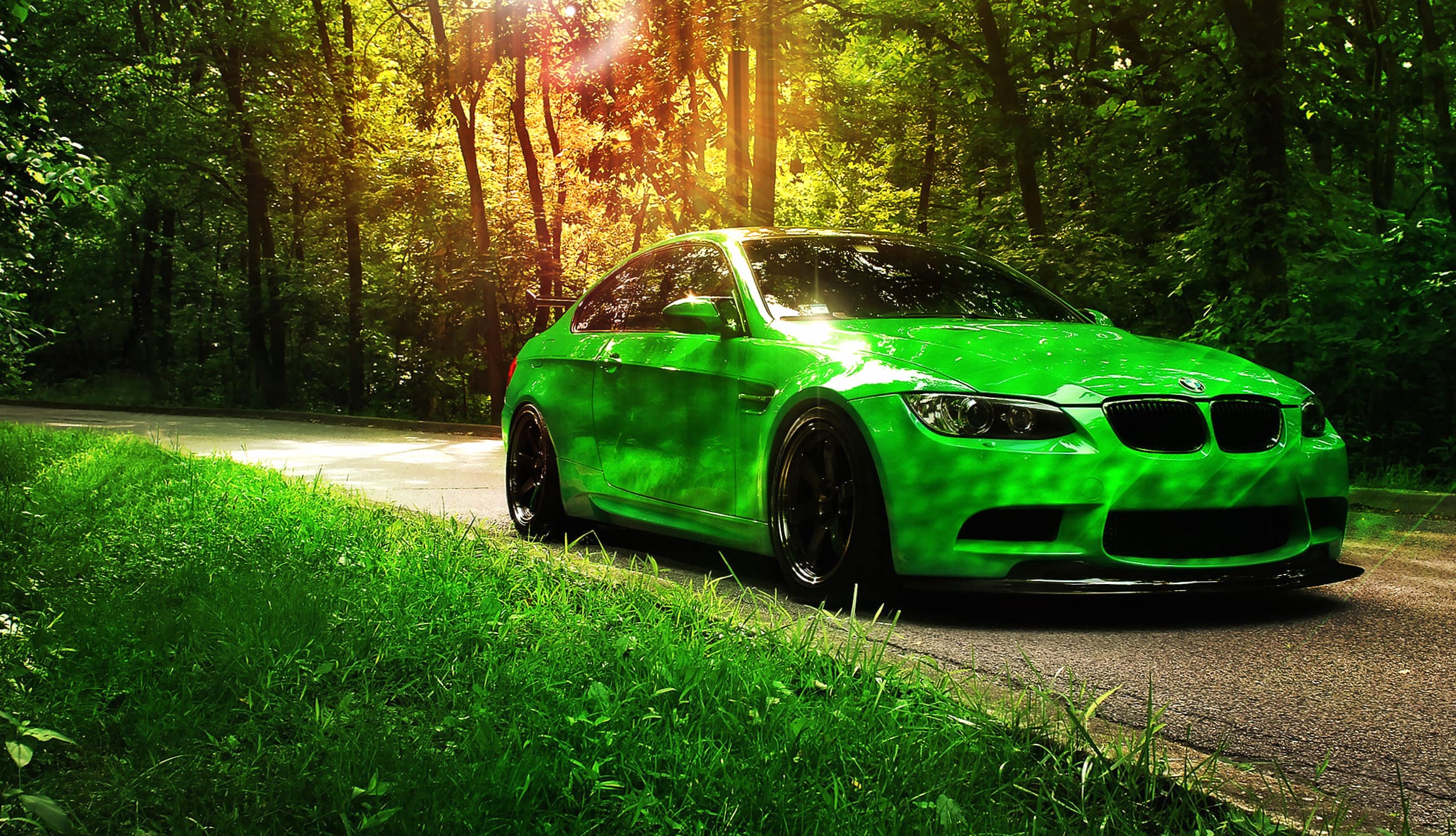 Green BMW on Scenic Drive at 1152 x 864 size wallpapers HD quality