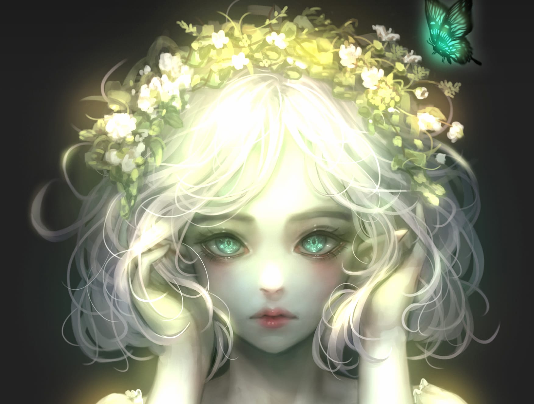 Green Eyes White House Face Butterfly Hair Flower Fantasy Woman at 1024 x 1024 iPad size wallpapers HD quality