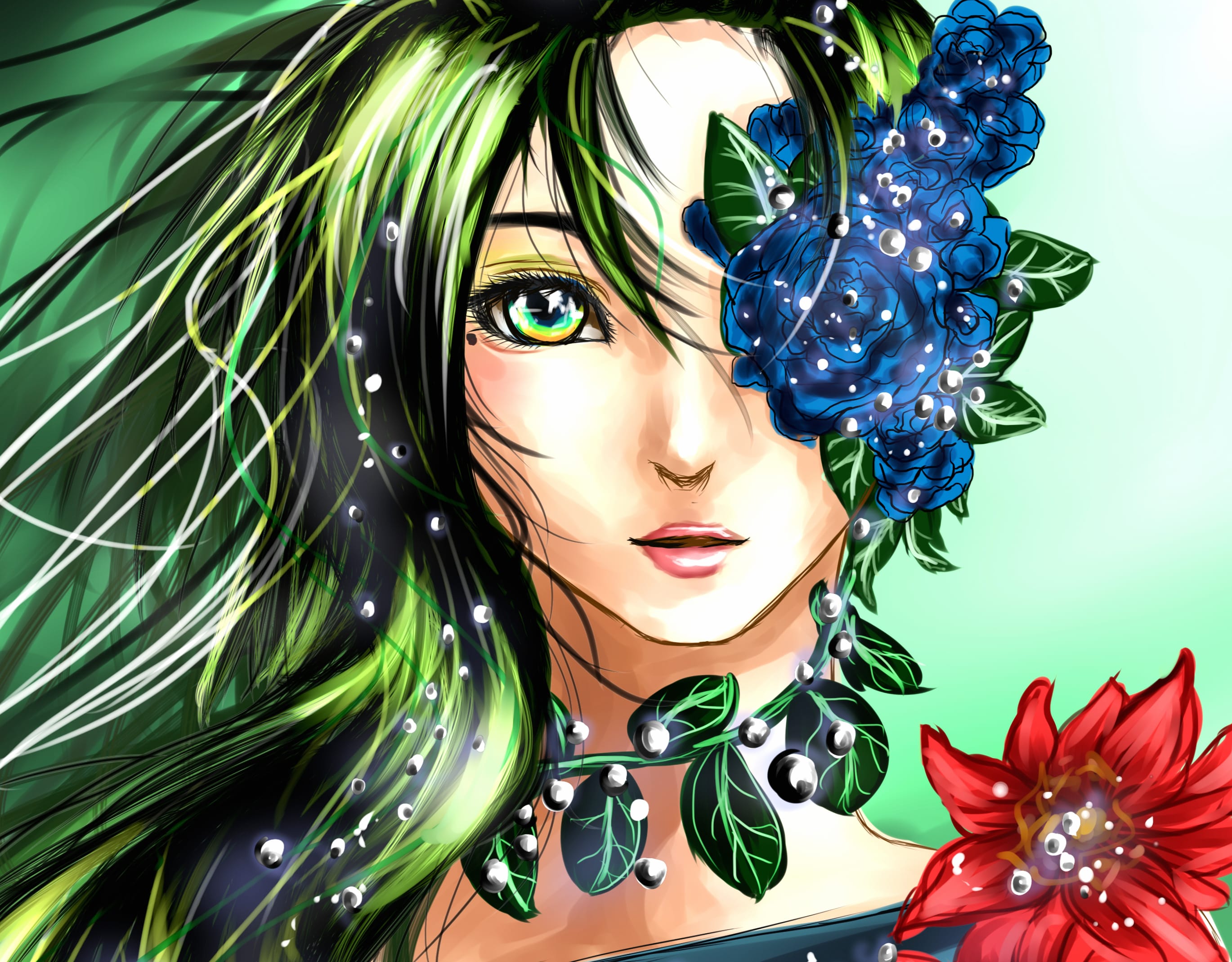 Green Hair Green Eyes Sparkles Leaf Flower Fantasy Fairy wallpapers HD quality