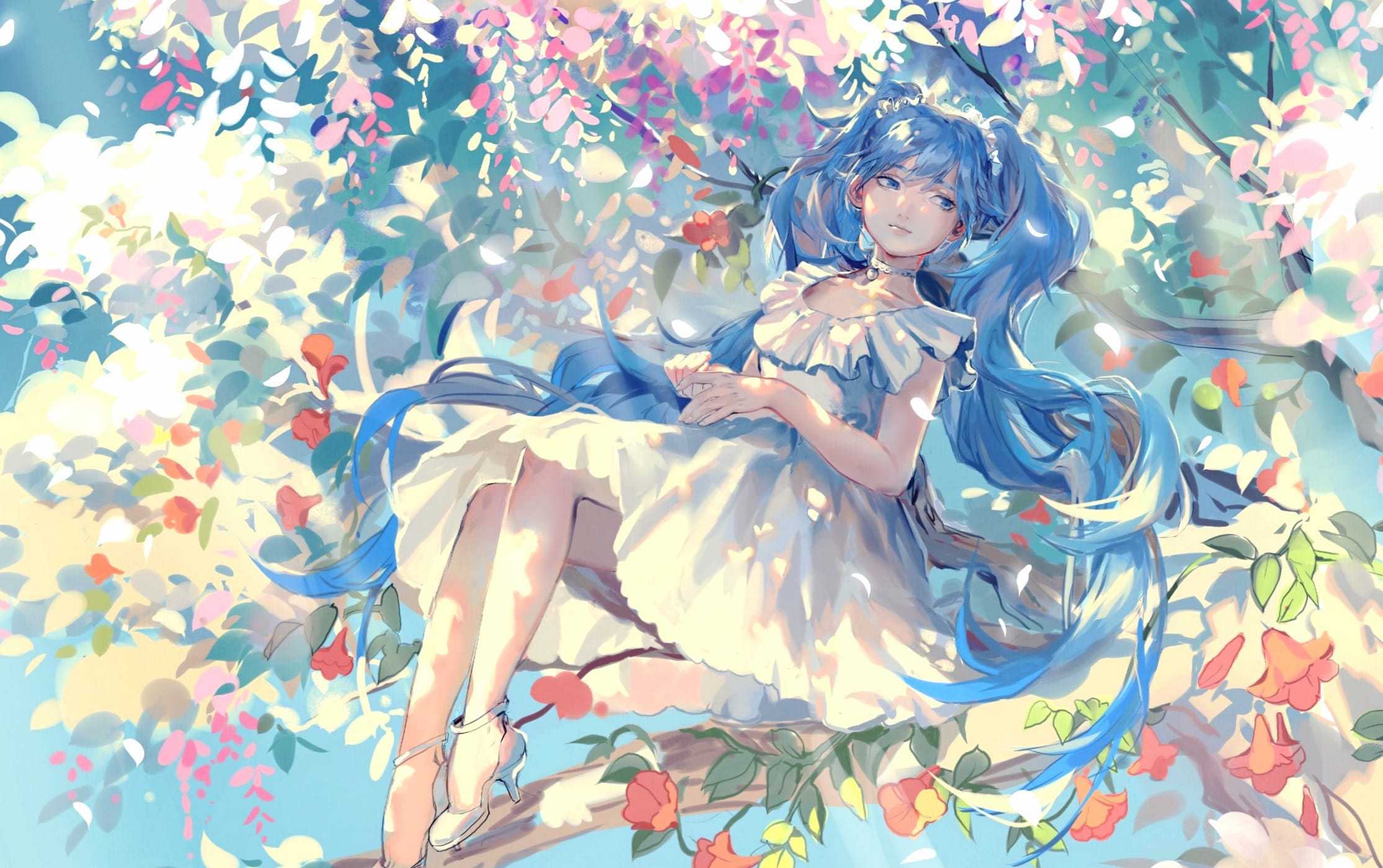 Hatsune Miku Serene Blue-Haired Beauty in Blossoms at 320 x 480 iPhone size wallpapers HD quality