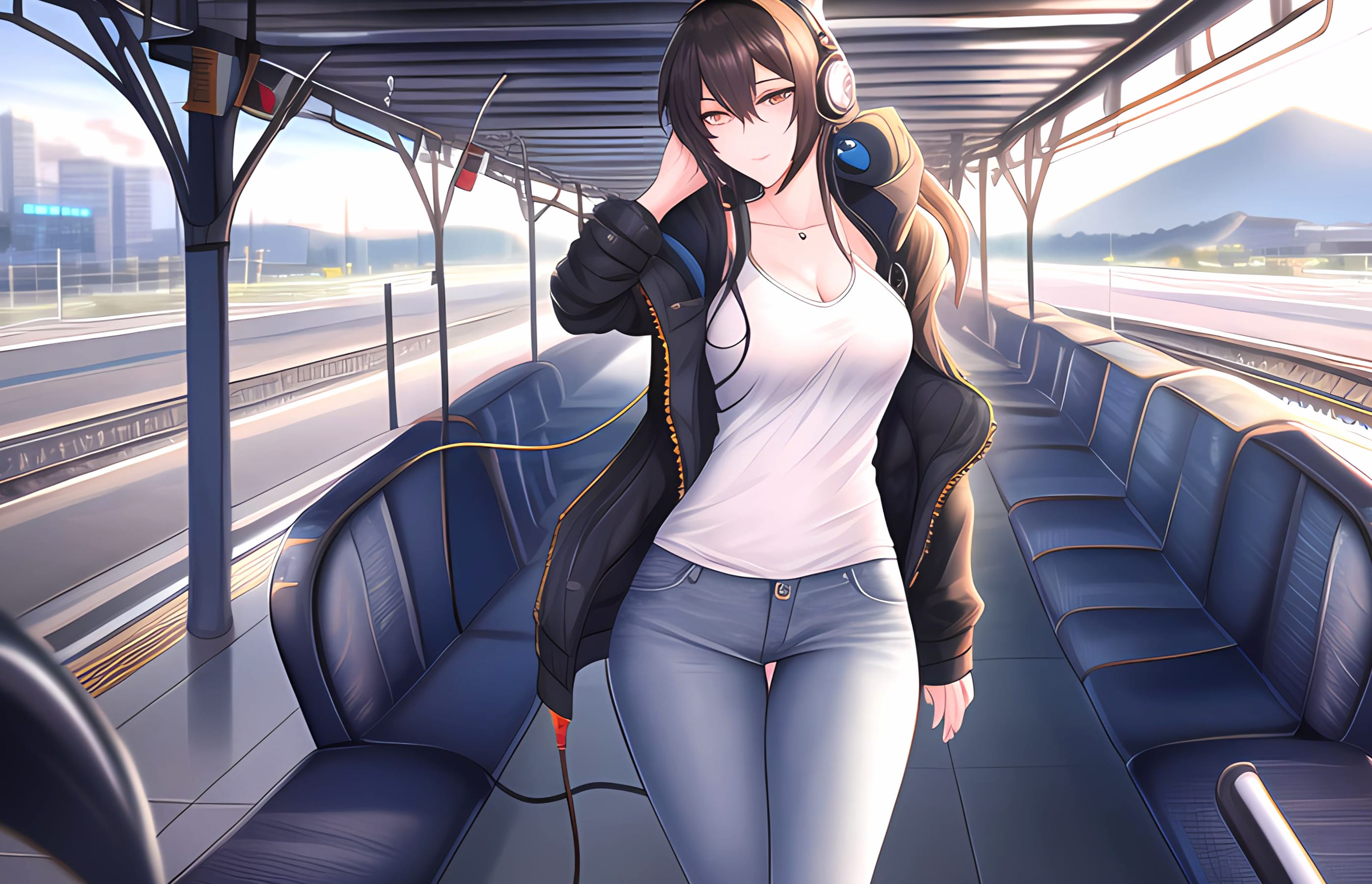 Headphone girl at 1366 x 768 HD size wallpapers HD quality