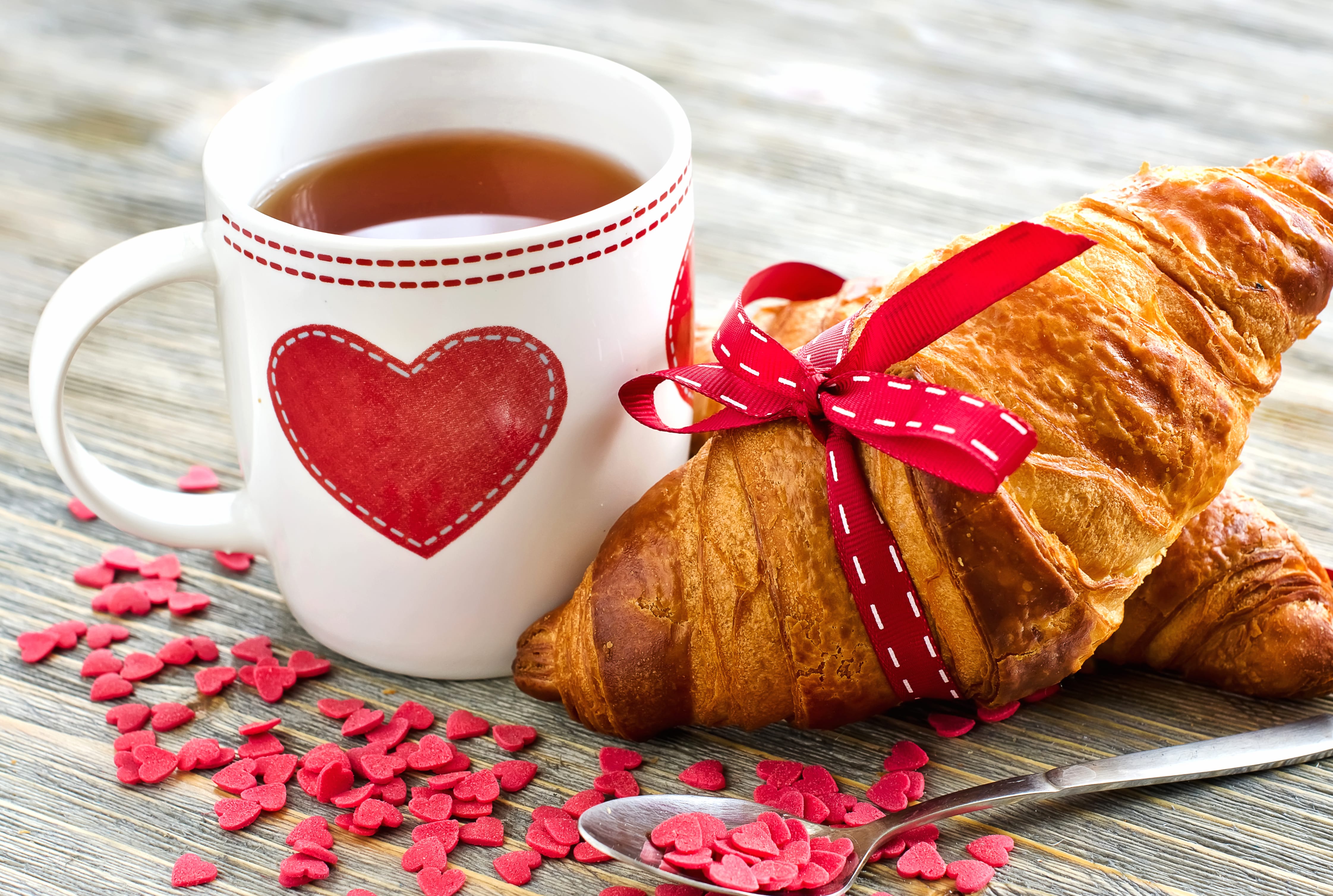 Heart Mug Tea Croissant Food Breakfast wallpapers HD quality