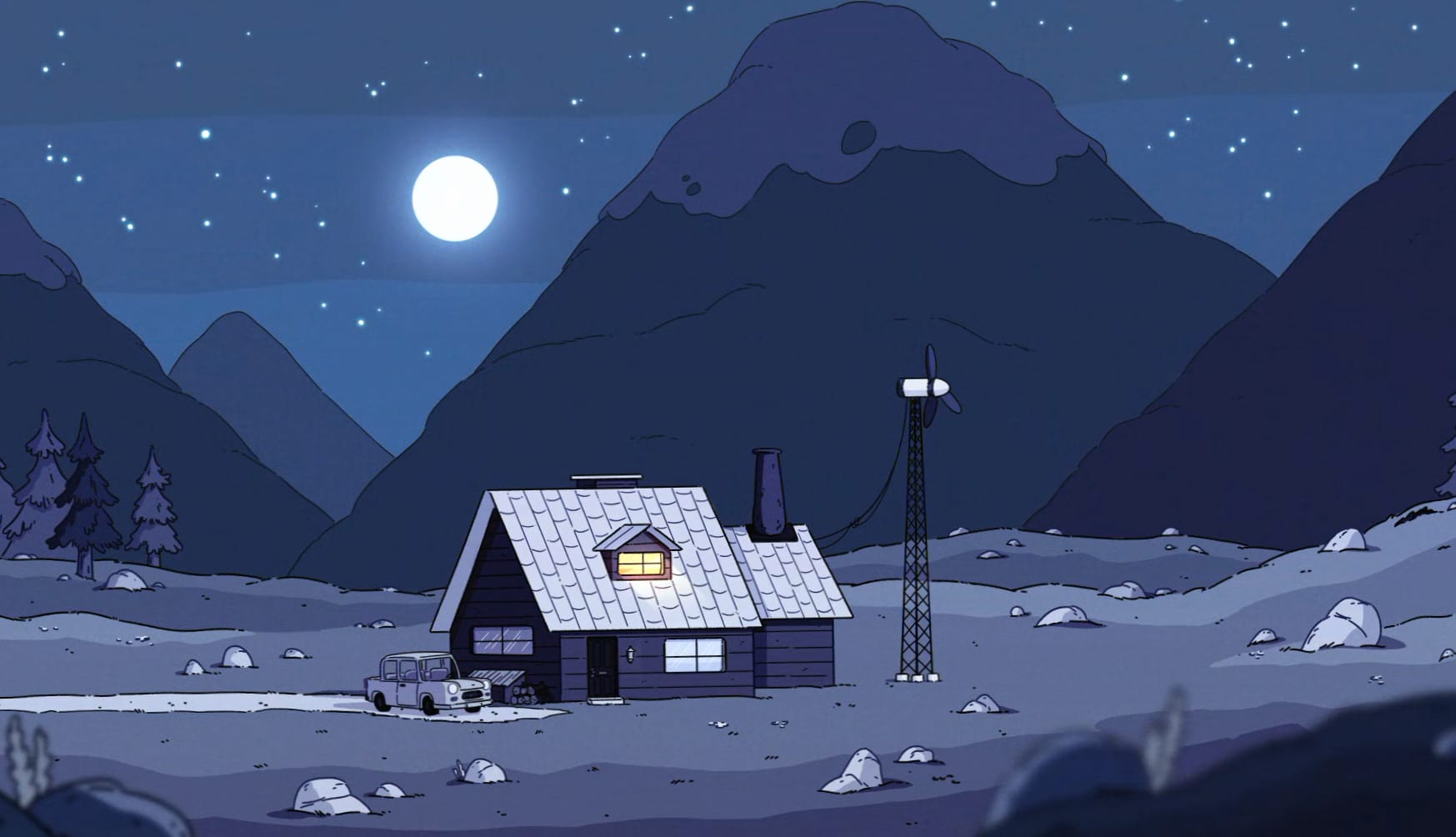 Hilda-Inspired Moonlit Mountain Cabin wallpapers HD quality