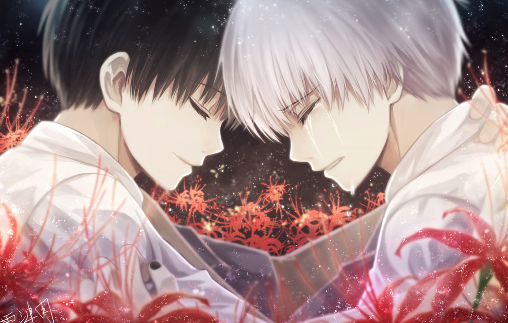 Ken Kaneki Crying with Flowers - HD Tokyo Ghoul Wallpaper at 1024 x 1024 iPad size wallpapers HD quality