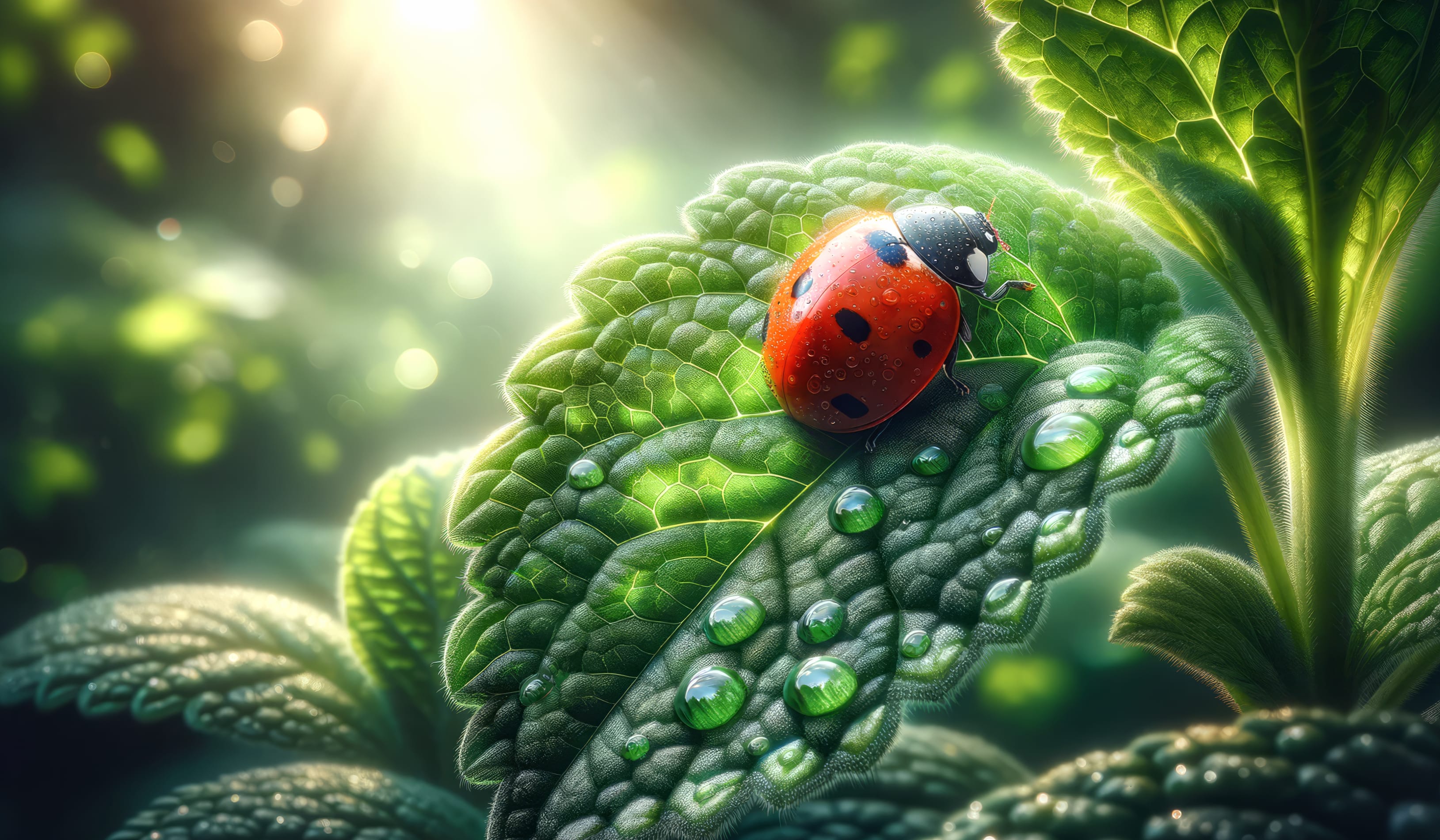 Ladybug on Dewy Leaves at 2048 x 2048 iPad size wallpapers HD quality