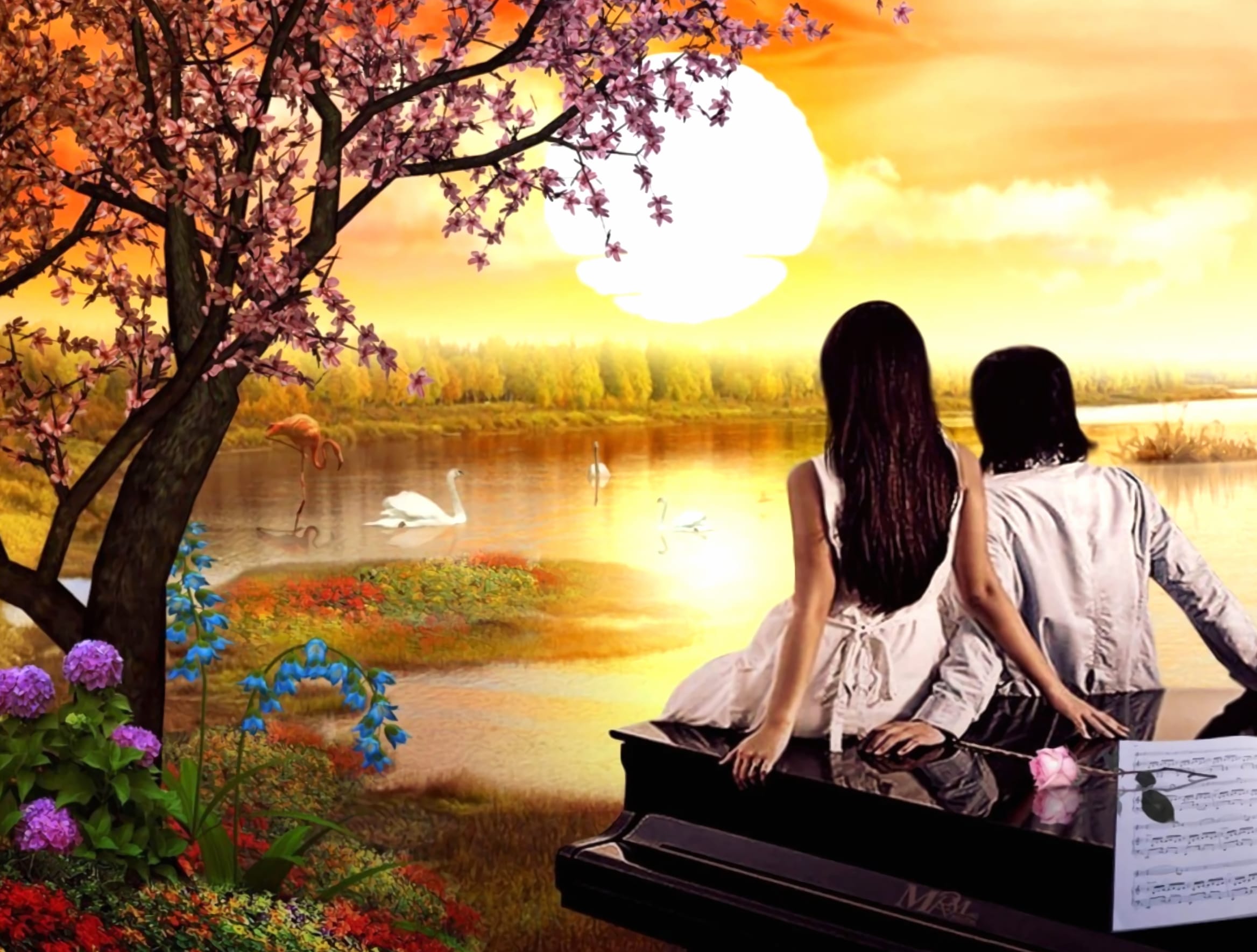 Love at Sunset Artistic Flower Pond – wallpapers HD quality