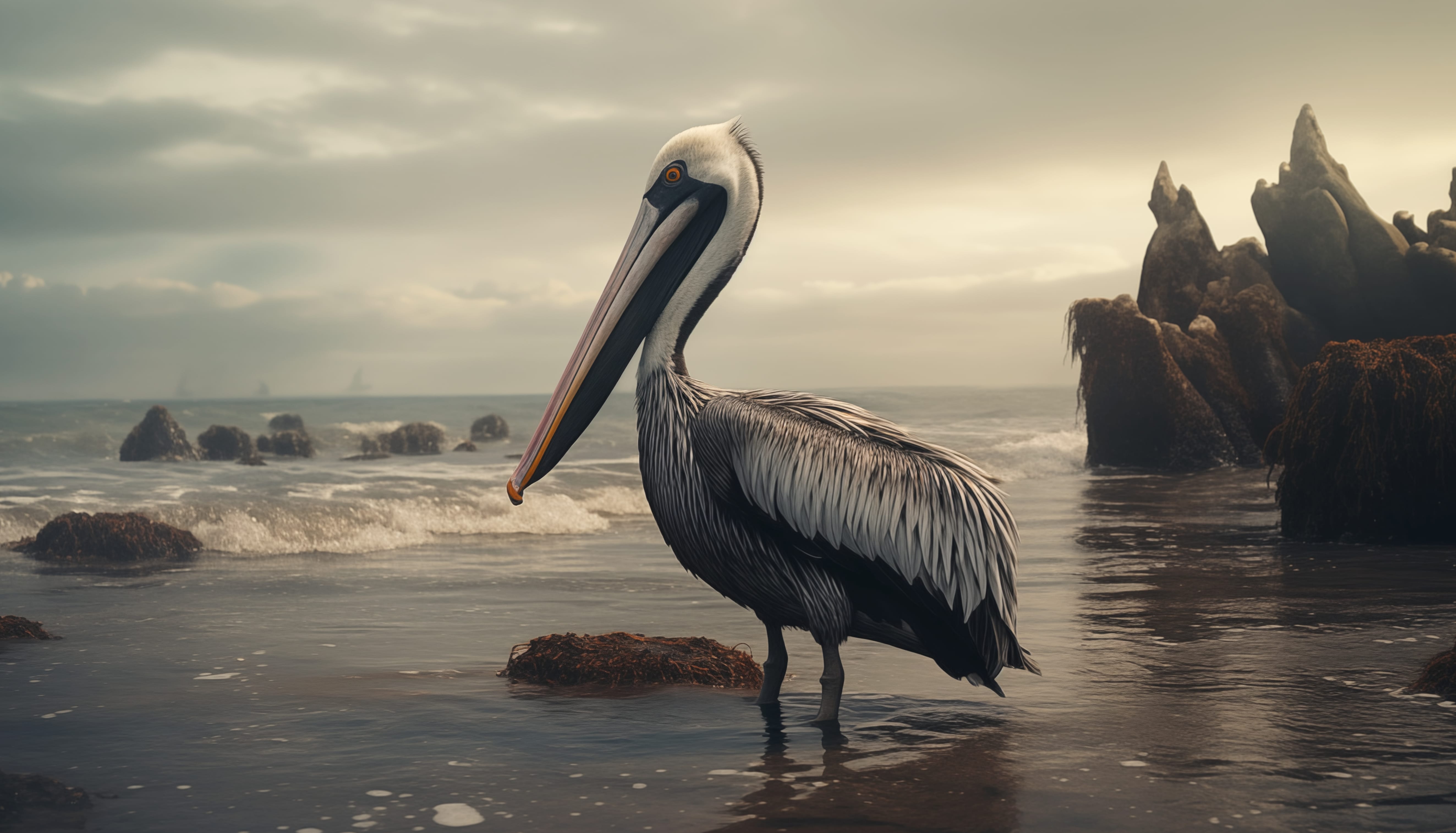 Majestic Pelican on Serene Beach at 2048 x 2048 iPad size wallpapers HD quality