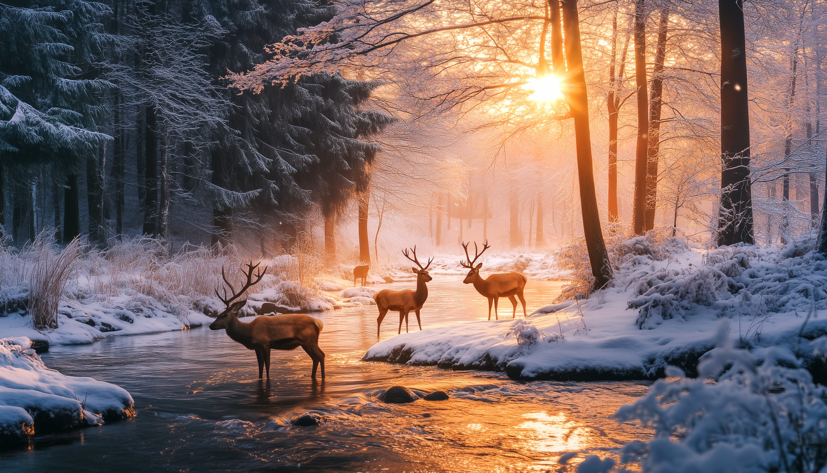 Majestic Red Deer in Winter Landscape - at 1024 x 768 size wallpapers HD quality