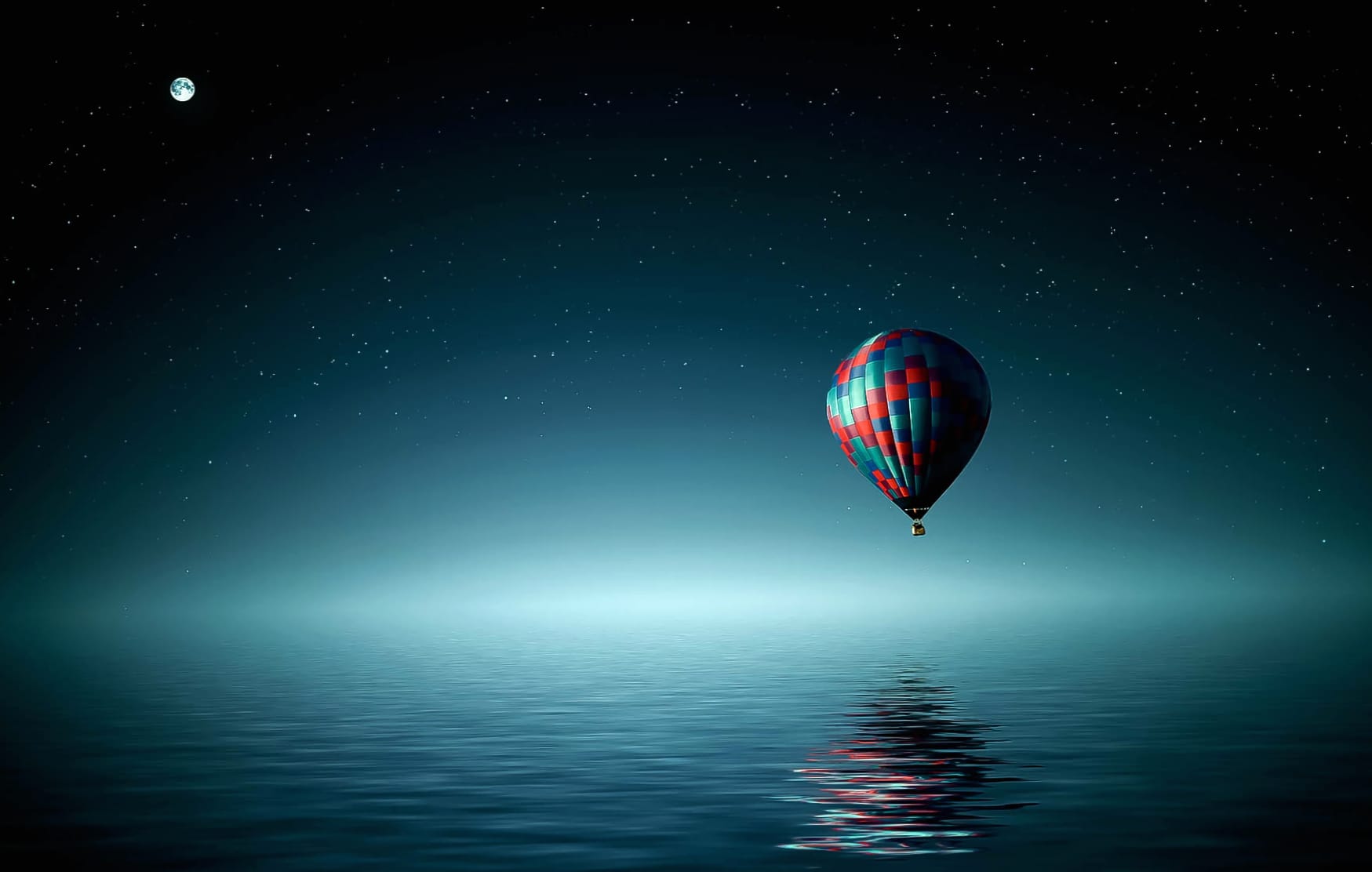 Midnight Serenity of a Balloon Over Ocean and Stars at 2048 x 2048 iPad size wallpapers HD quality