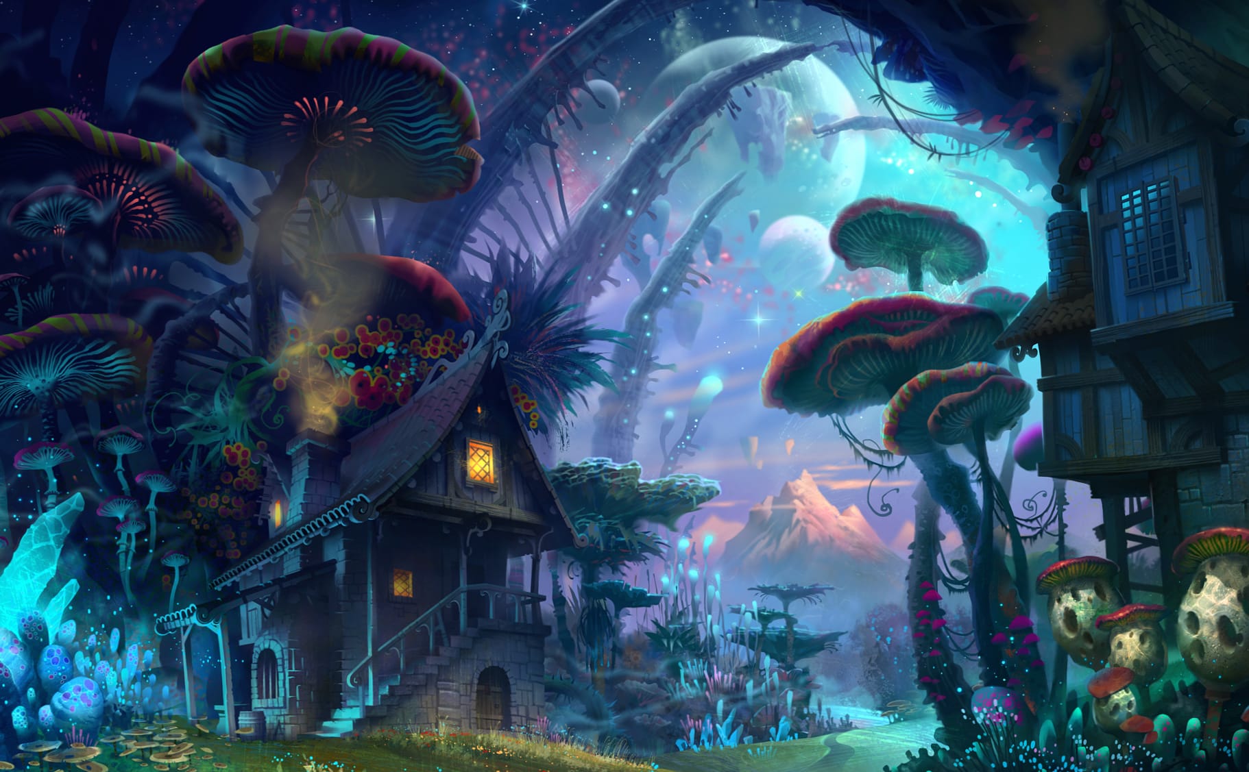 Moonlit Fantasy Mushroom House - at 2560 x 1440 HD size wallpapers HD quality