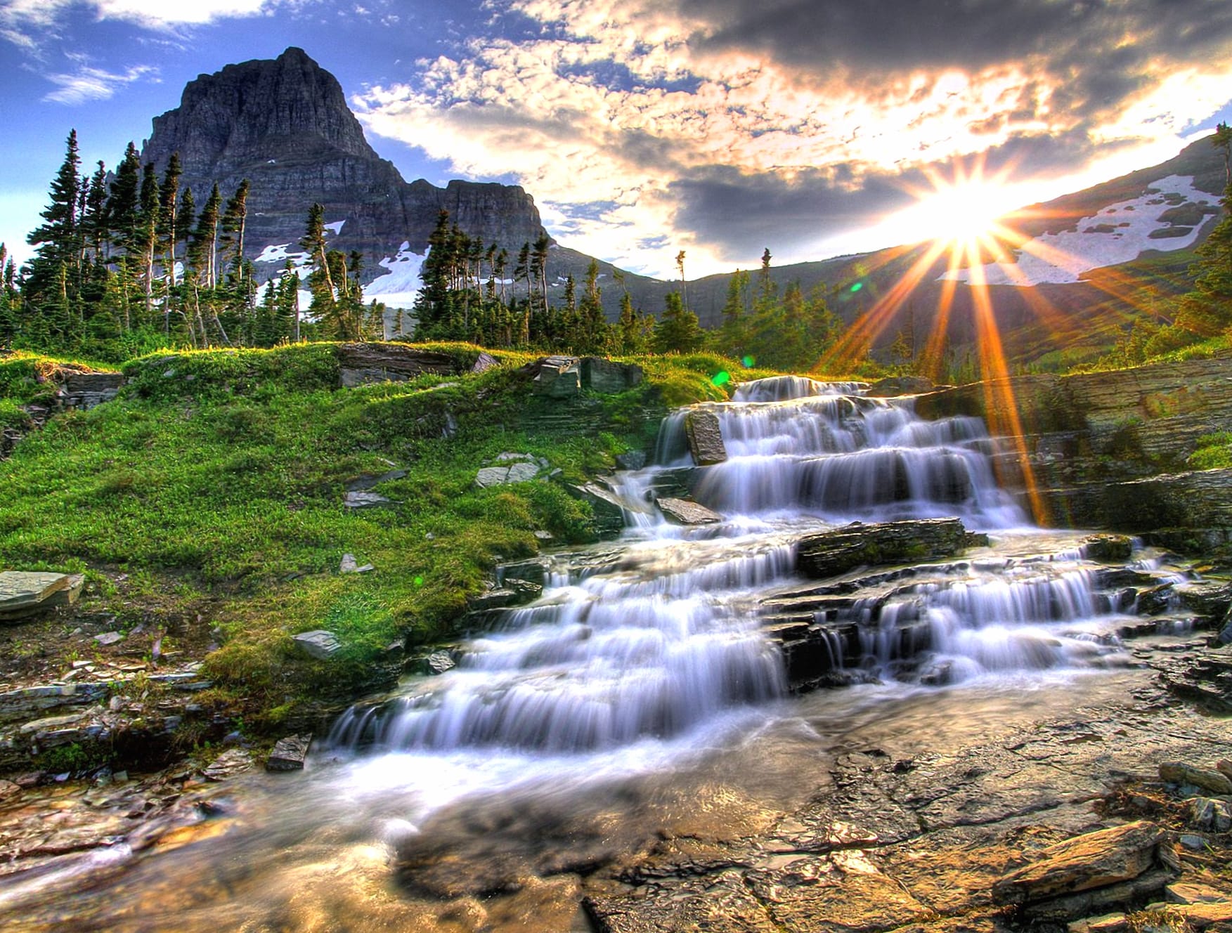 Mountain Sunrise Waterfall wallpapers HD quality