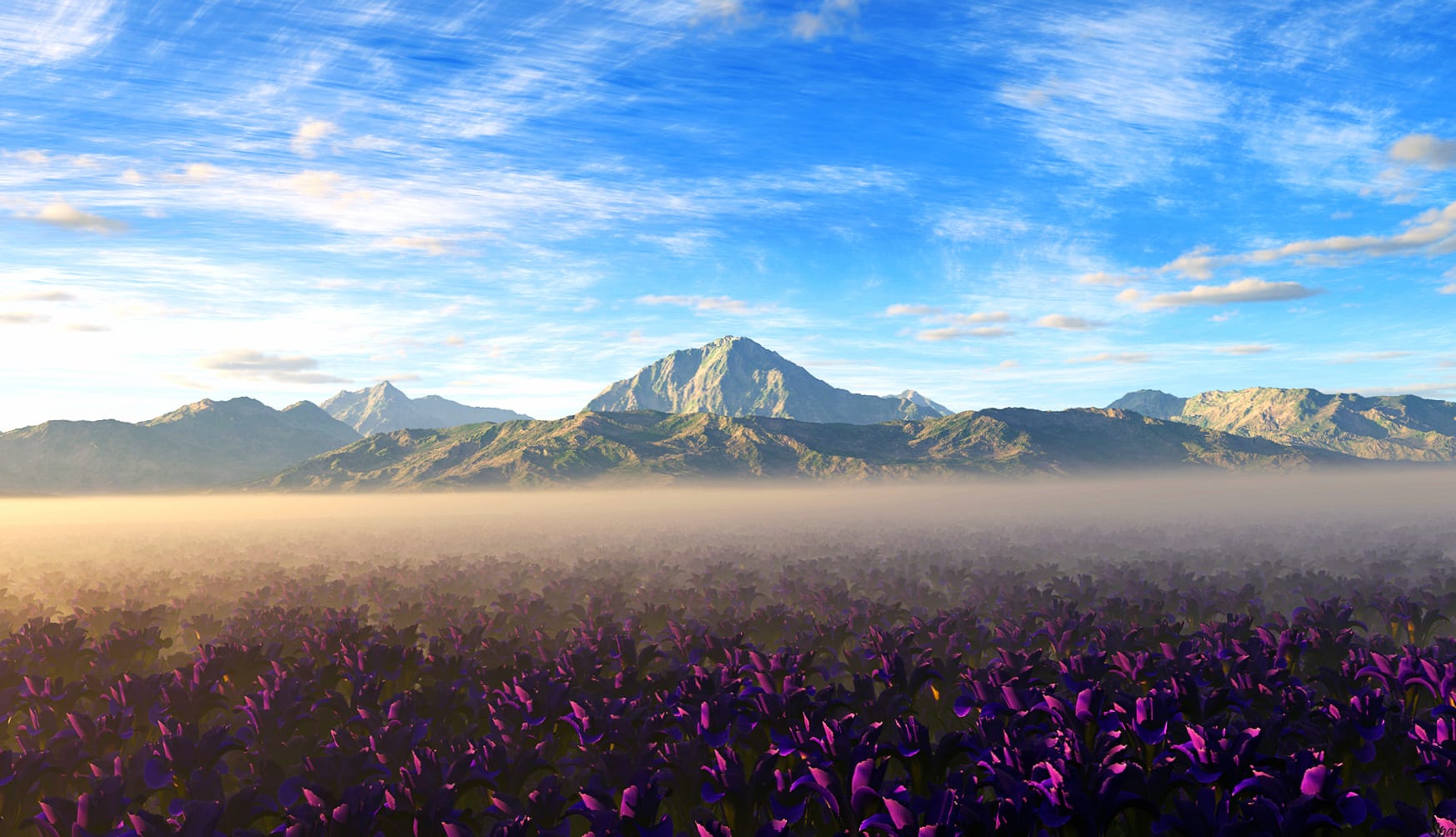 Mystic Mountain Fog & Pink Blooms wallpapers HD quality