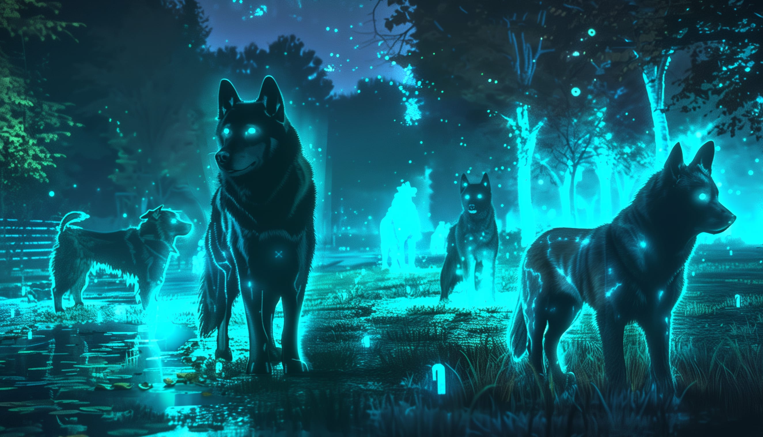 Mystical Bioluminescent Dogs at Park - at 1280 x 960 size wallpapers HD quality