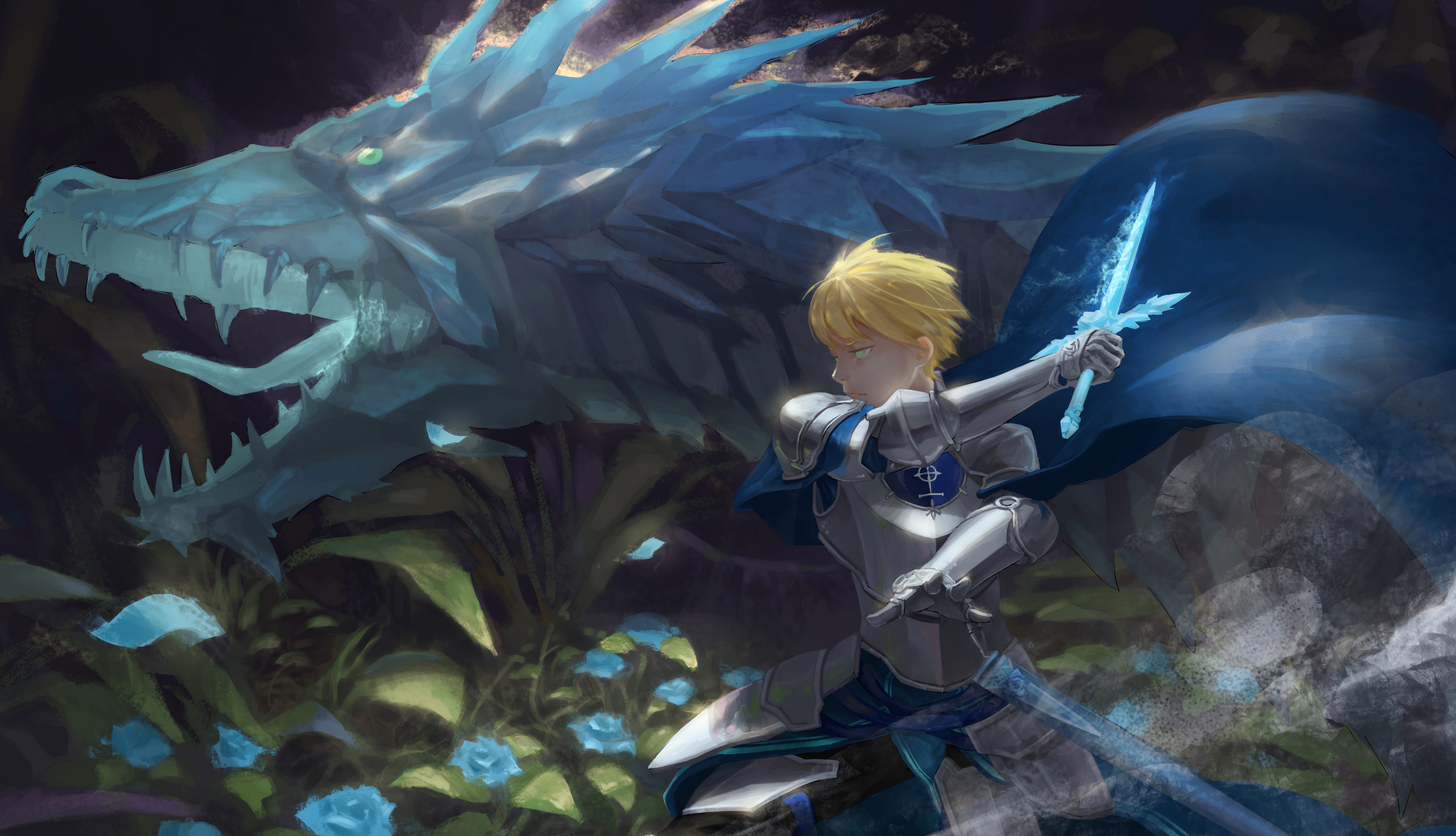 Night Flower Sword Dragon Anime Warrior 8k Ultra at 1600 x 900 HD size wallpapers HD quality